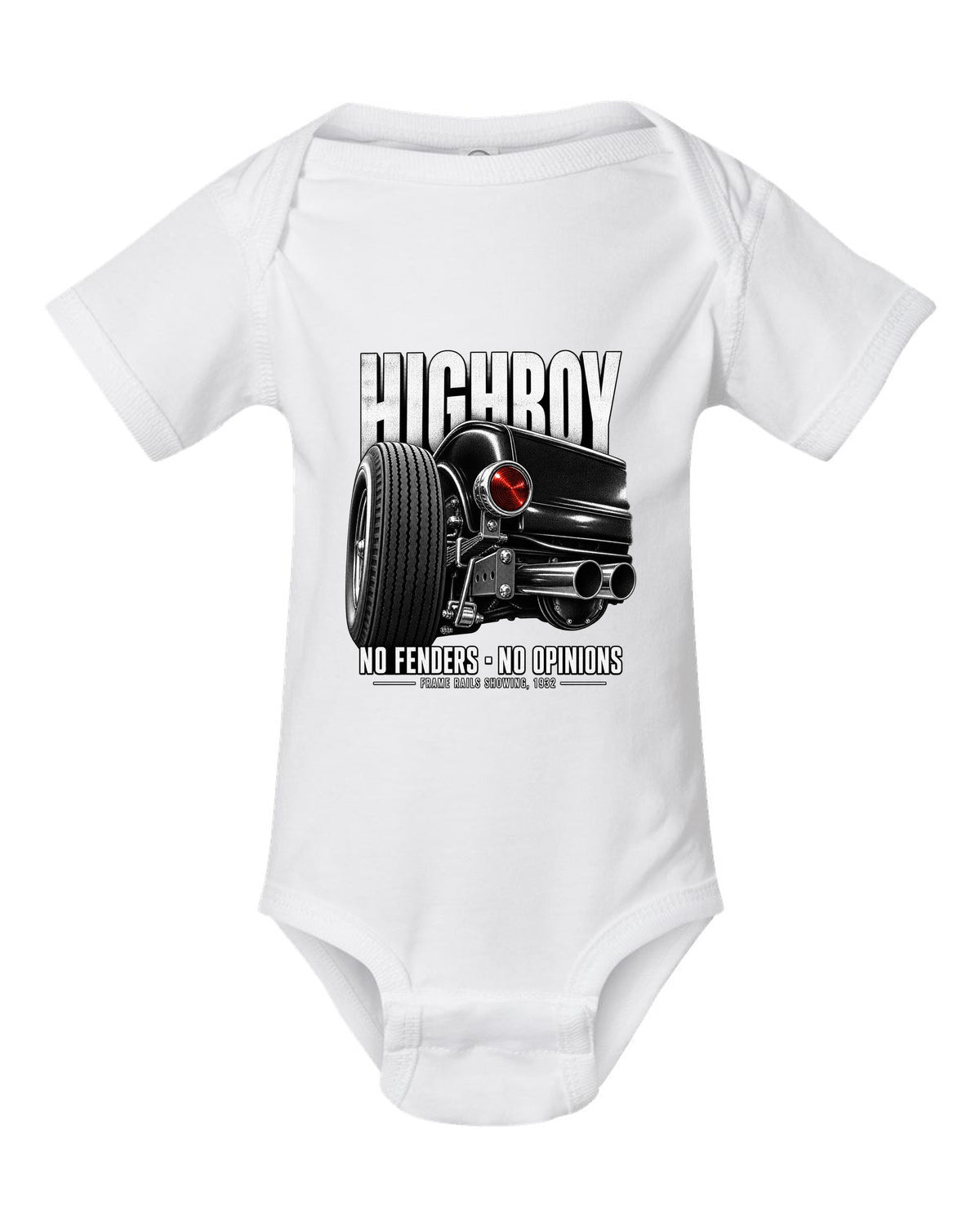 Rear taillight detail print of a 1932 Ford Deuce highboy roadster white baby onesie front view with the design