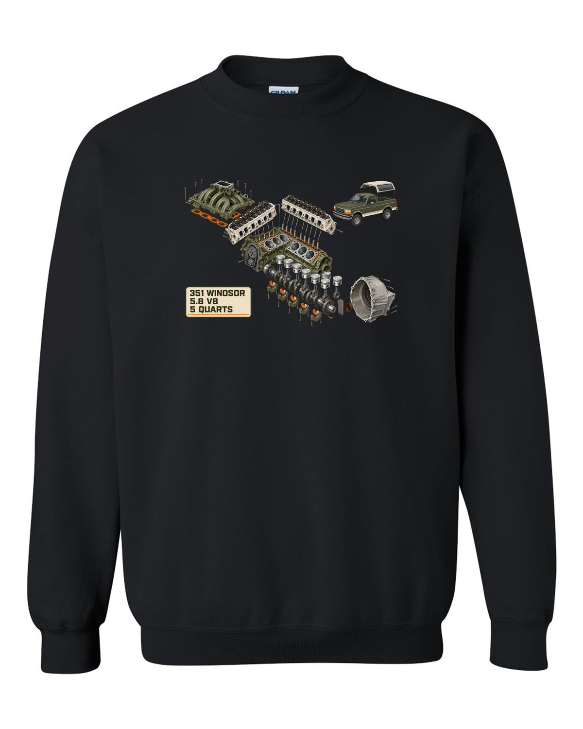 Exploded cutaway diagram of a 1992-96 Ford Bronco OBS engine bay with 351 WINDSOR 5.8 V8 notes black crewneck front view with the design