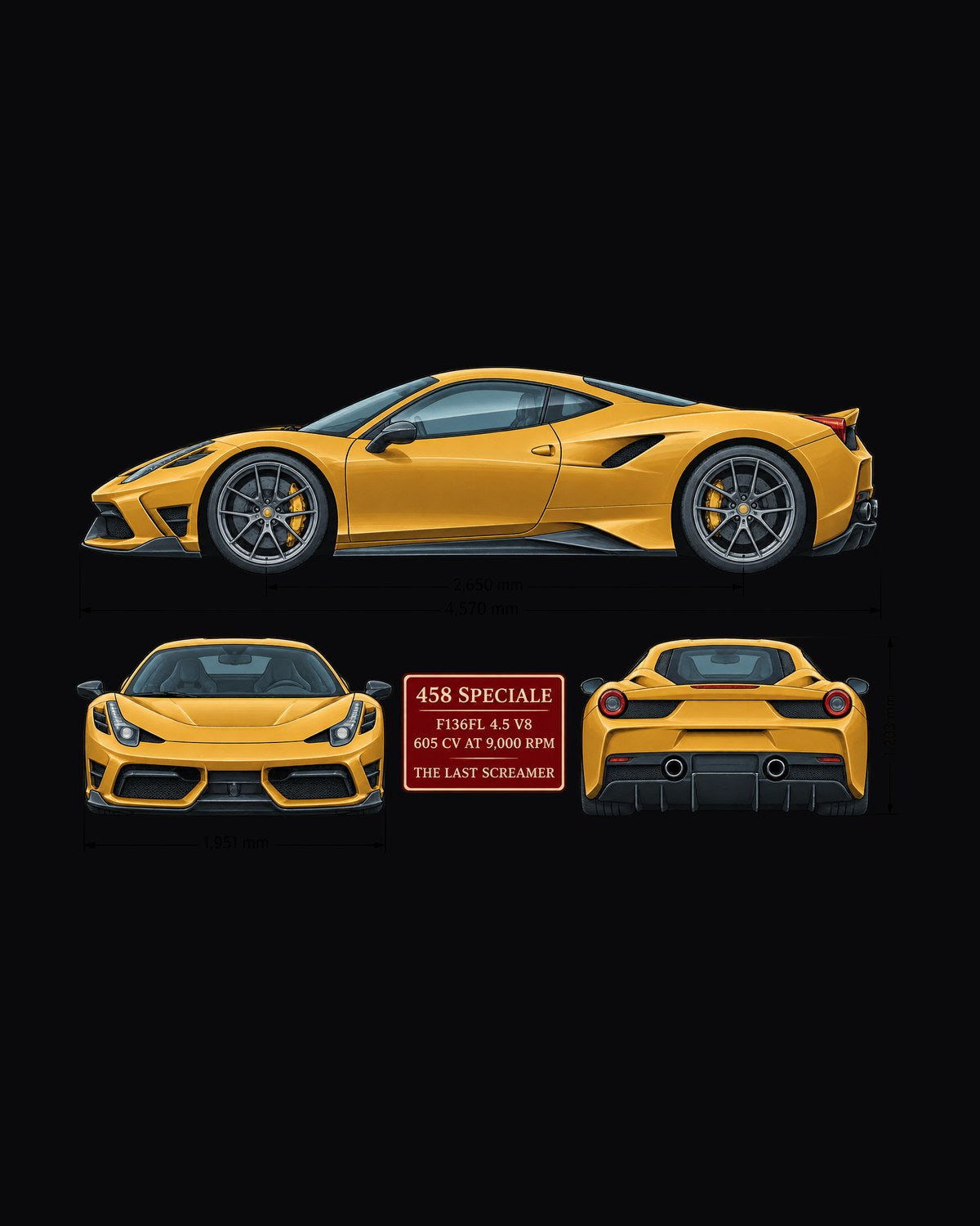 Ferrari 458 Speciale Three-View Shirt, F136FL V8 Spec Table design only