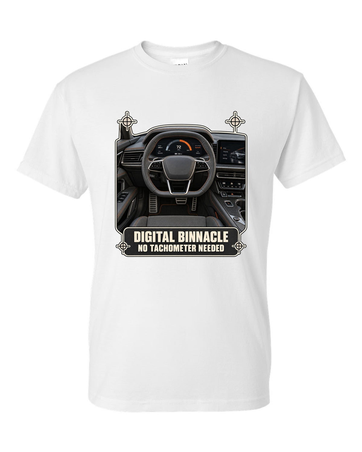Audi RS e-tron GT interior driver view digital binnacle cockpit gauge design white t-shirt front view with the design
