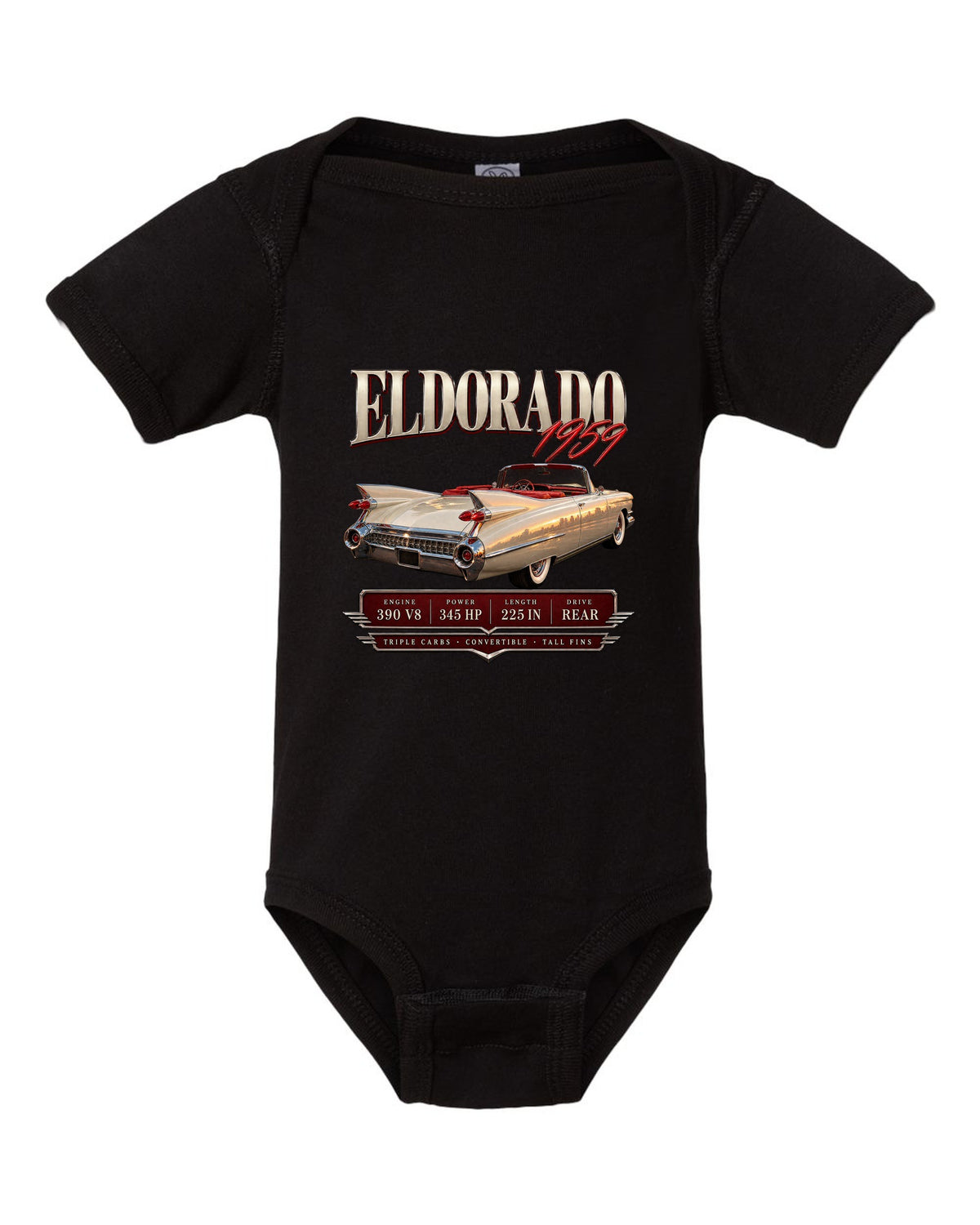 print archive panel of a 1959 Cadillac Eldorado Biarritz convertible with 390 V8 lettering black baby onesie front view with the design
