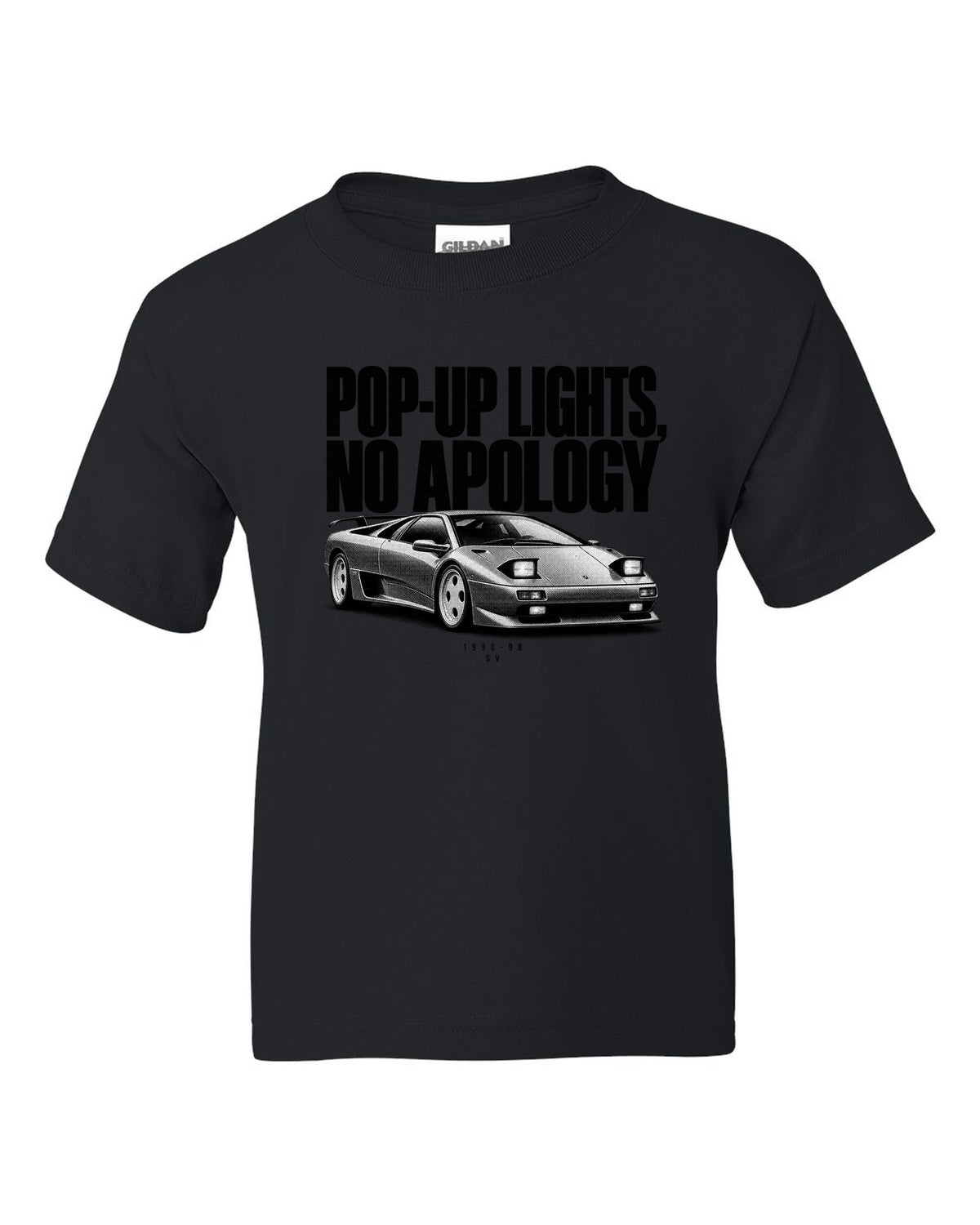 Halftone print of a Lamborghini Diablo SV with pop-up lights no apology text black kids tee front view with the design