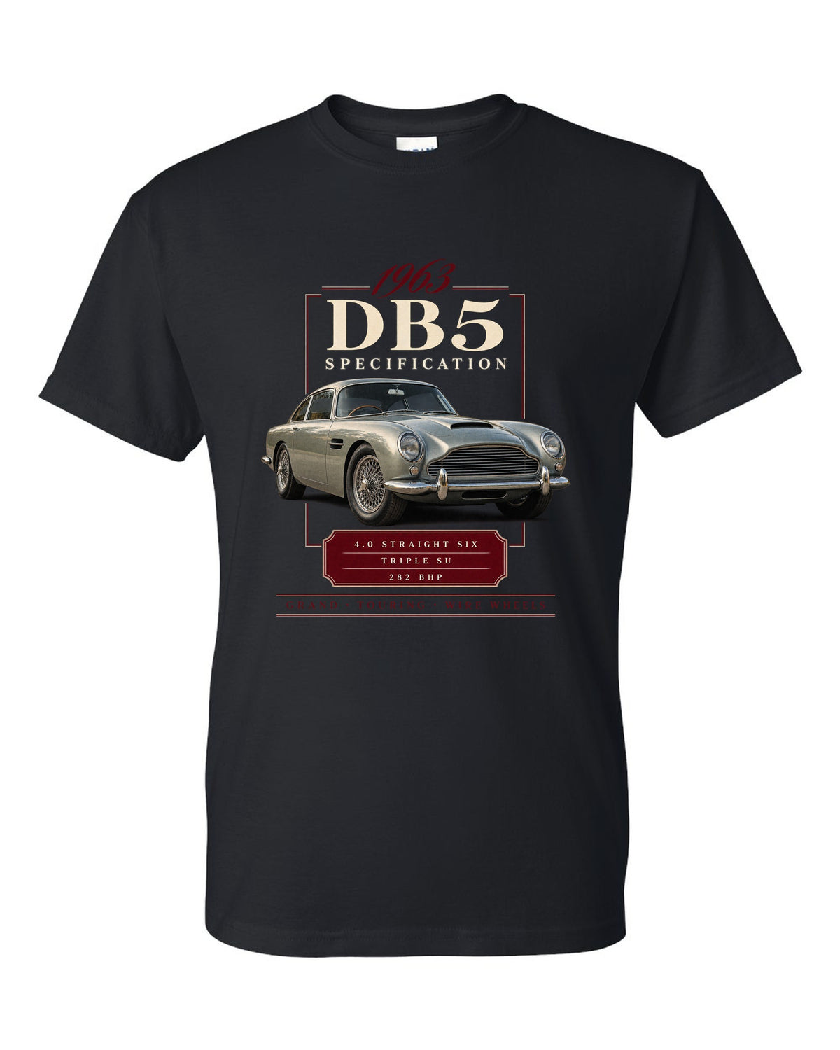 Aston Martin DB5 wire wheel archive specification panel black t-shirt front view with the design