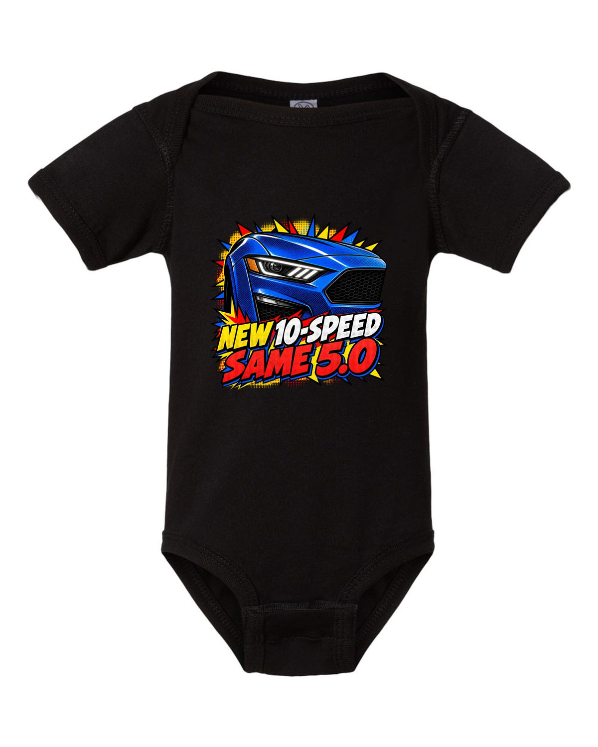 Comic halftone pop-art print of a 2018-23 Ford Mustang S550 GT front end black baby onesie front view with the design