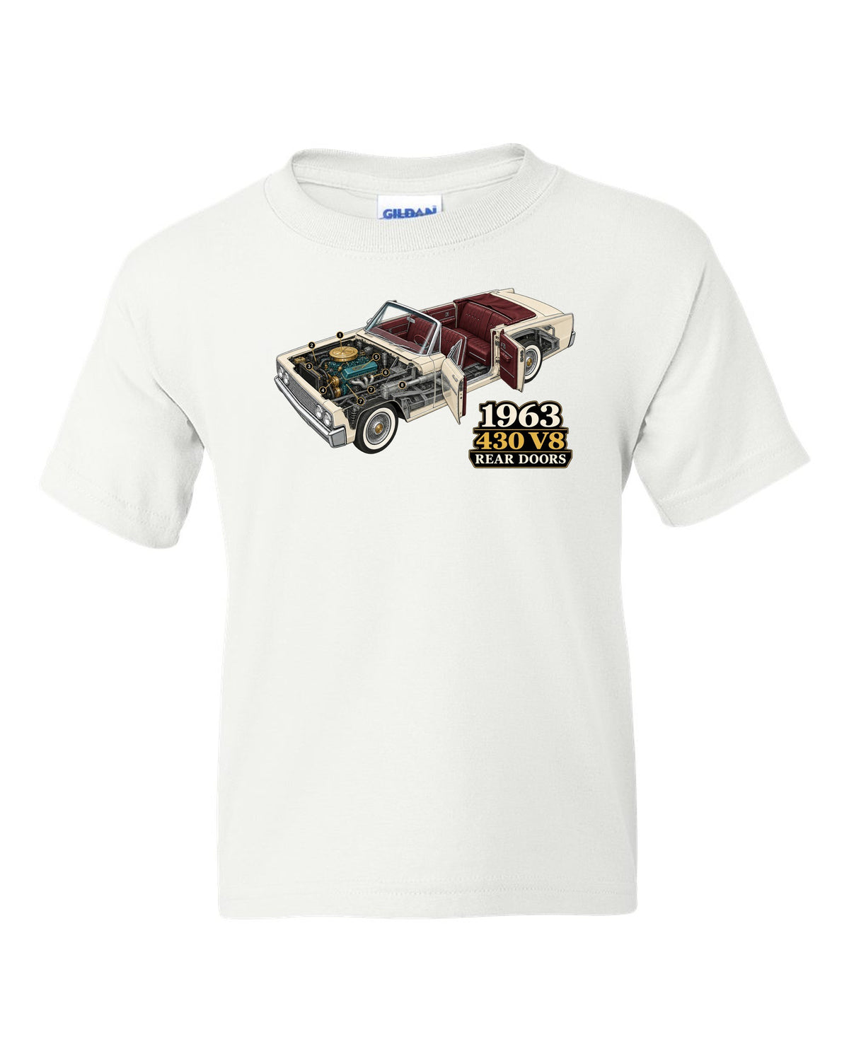 1963 Lincoln Continental four-door convertible isometric cutaway diagram white kids tee front view with the design