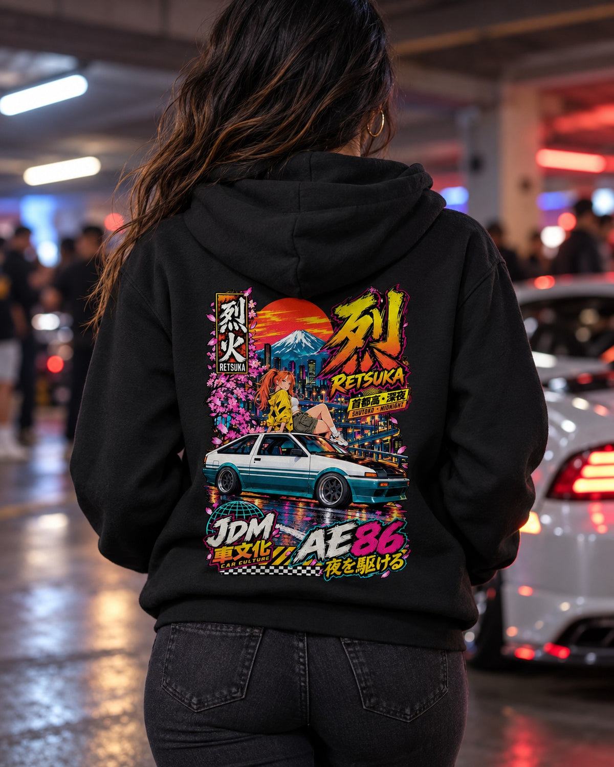 RETSUKA AE86 Anime Girl Full-Back Graphic Tee Pull Over Hoodie Black worn hero