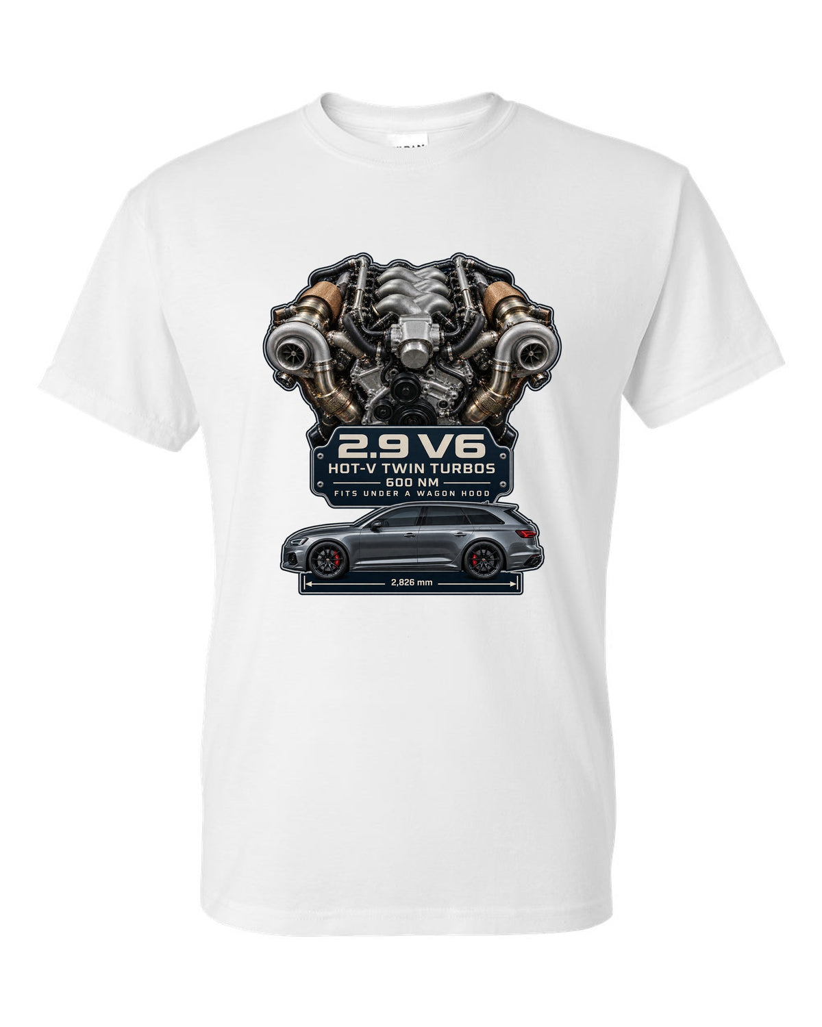 Audi RS4 B9 2.9 TFSI hot-V twin-turbo V6 engine graphic print white t-shirt front view with the design
