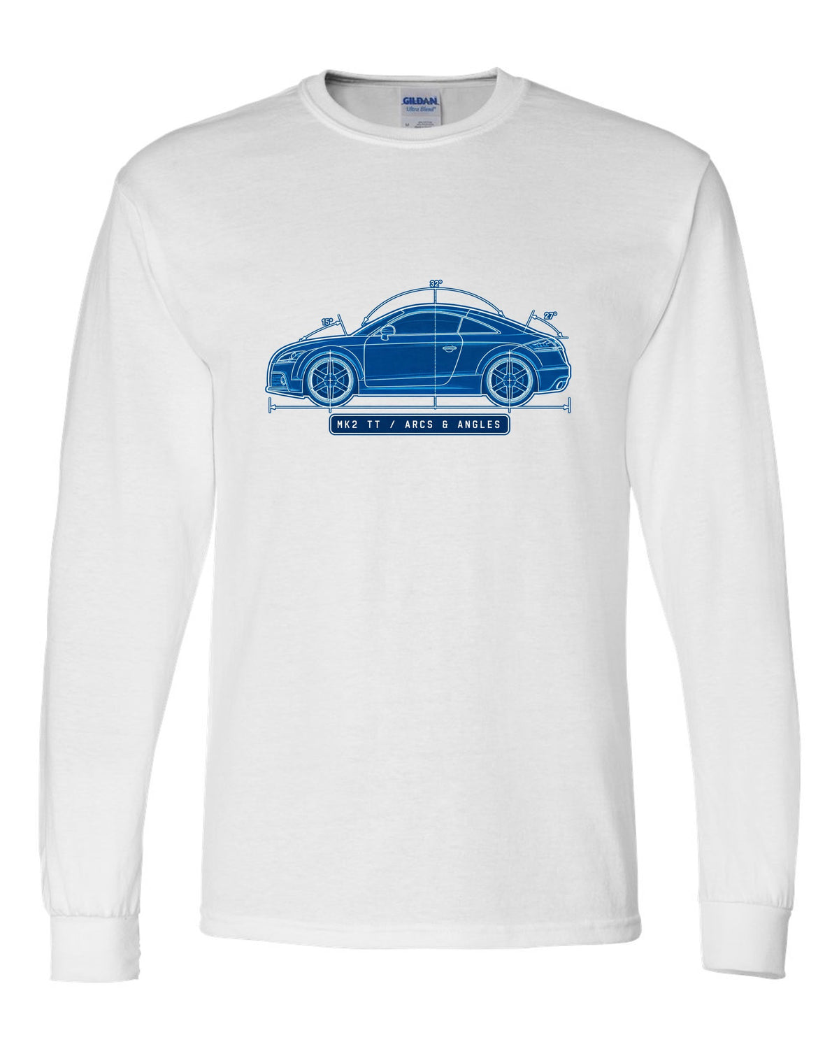 Cyanotype negative blueprint print of an Audi TT 8J coupe with Mk2 TT text white long sleeve front view with the design