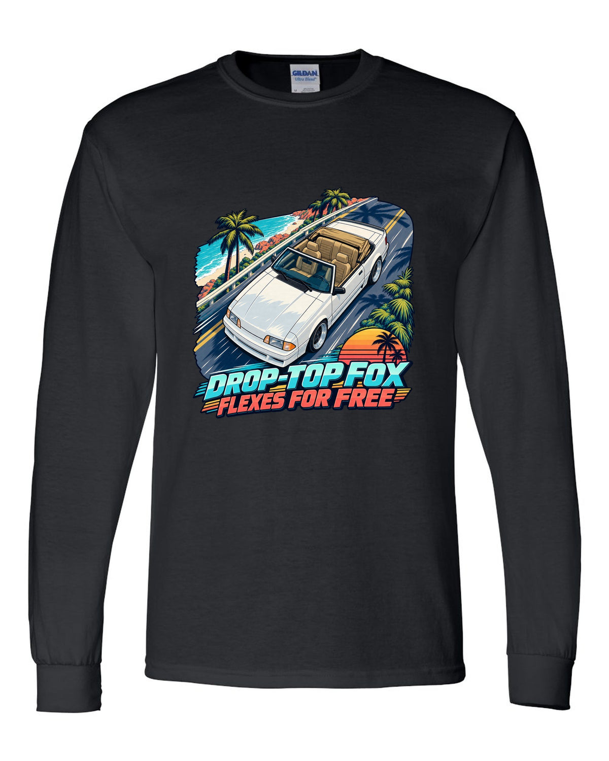 Cel-shaded anime print of a Ford Mustang Fox Body convertible seen from above black long sleeve front view with the design