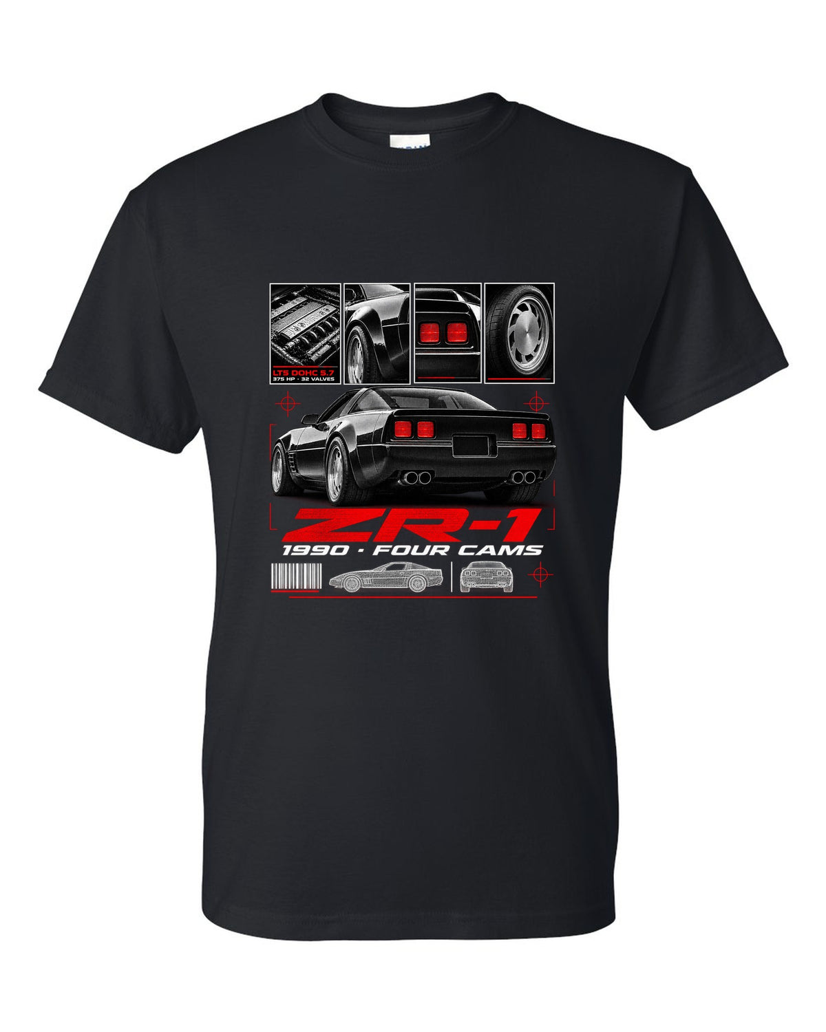 Chevrolet Corvette C4 ZR-1 1990 LT5 dossier print wide rear black t-shirt front view with the design
