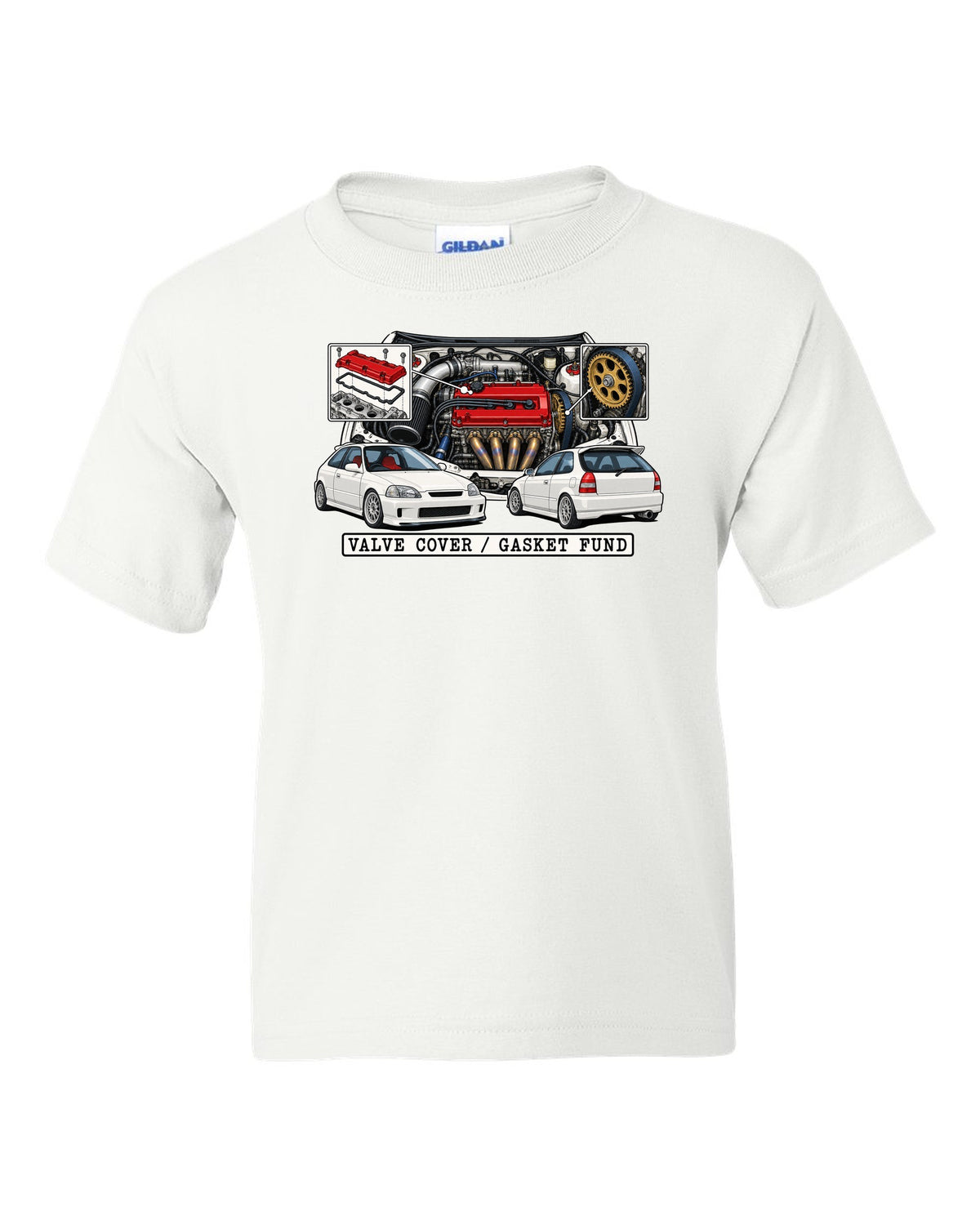 Technical patent drawing print of a 1997 Honda Civic EK9 with Valve Cover Gasket Fund lettering white kids tee front view with the design