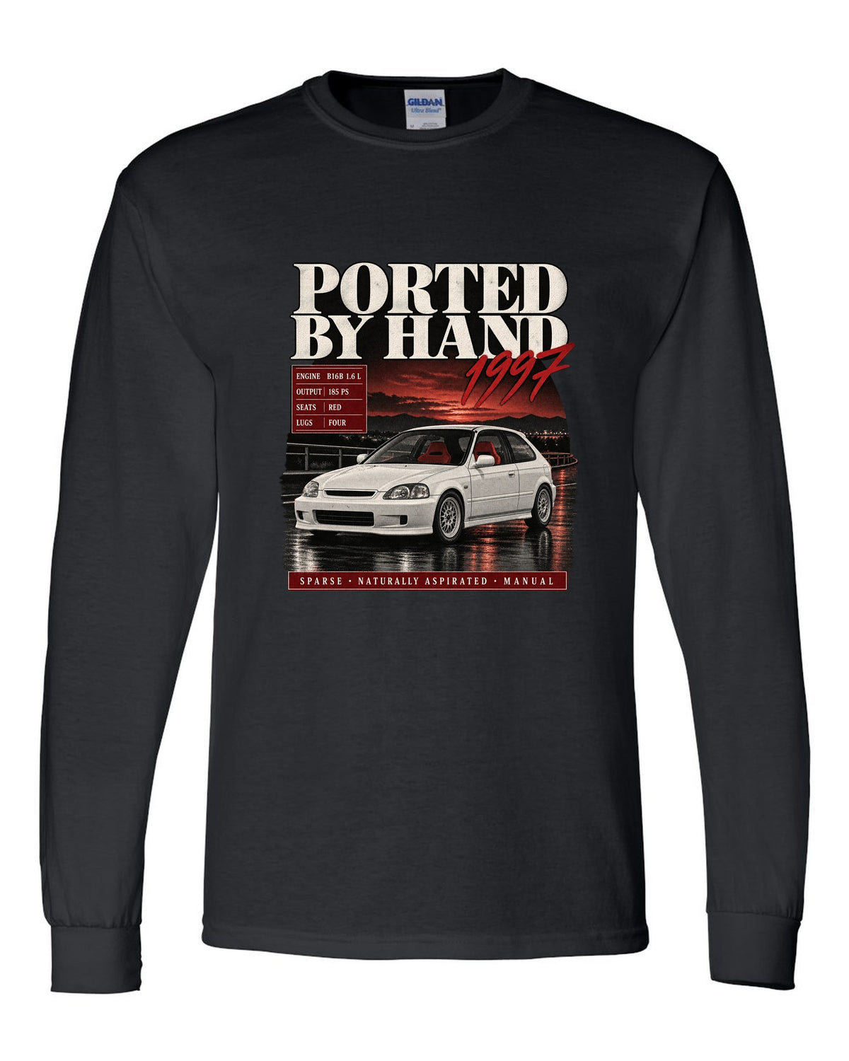 Archive panel print of a 1997 Honda Civic EK9 chback with hand-ported text black long sleeve front view with the design