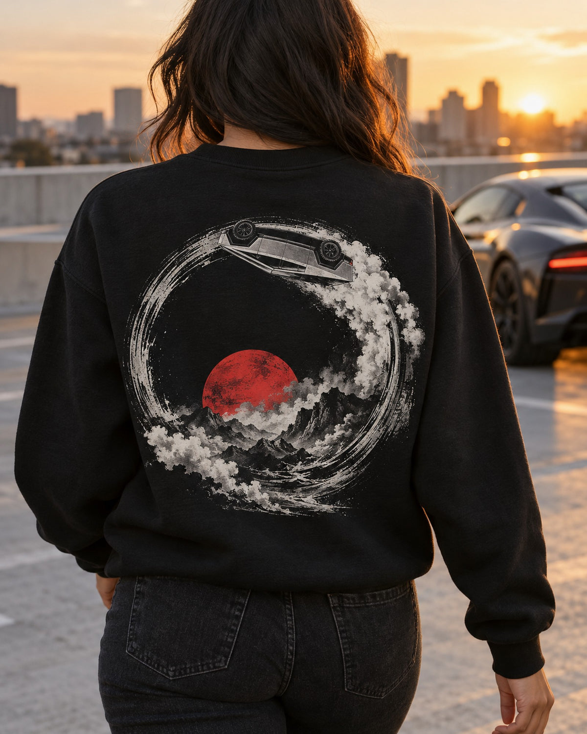 Tesla Roadster Upside Down Shirt, Hoodie & More Crewneck Black worn hero