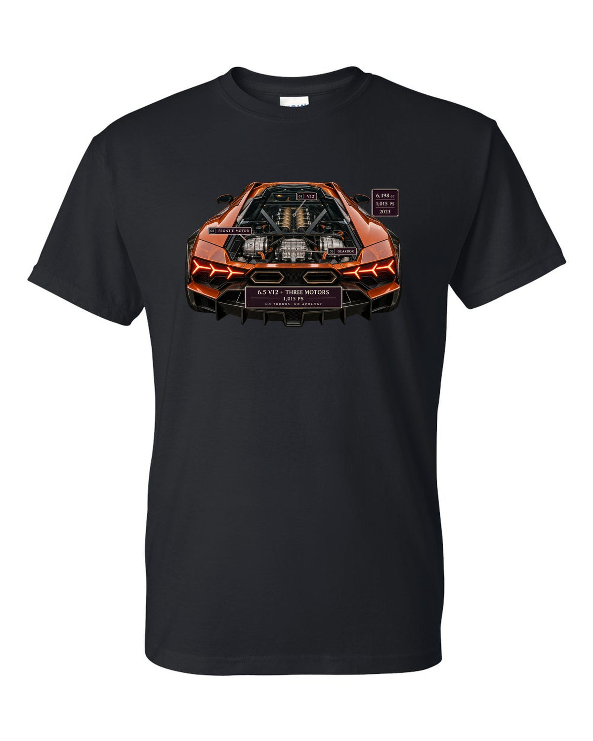 Engine hero print of a burnt orange Lamborghini Revuelto V12 black t-shirt front view with the design