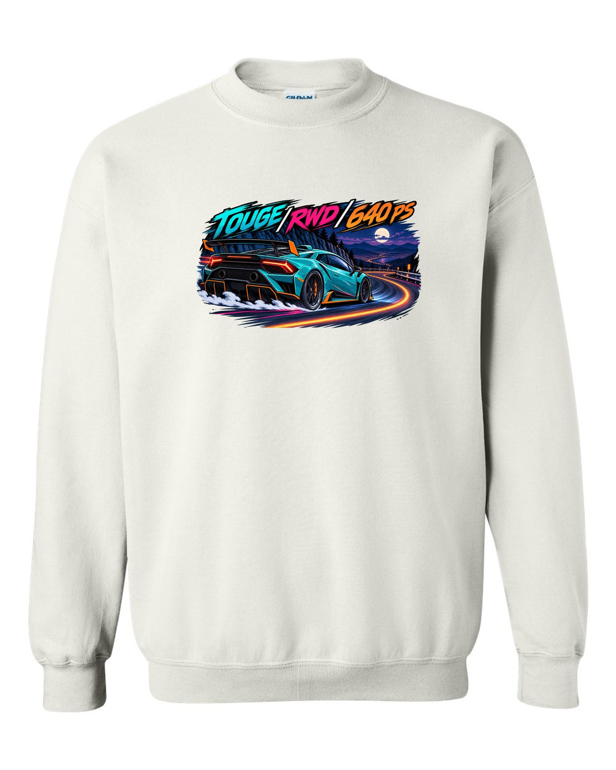Cel-shaded anime night touge scene with a Lamborghini Huracan STO LP640-2 and text TOUGE / RWD / 640 PS white crewneck front view with the design