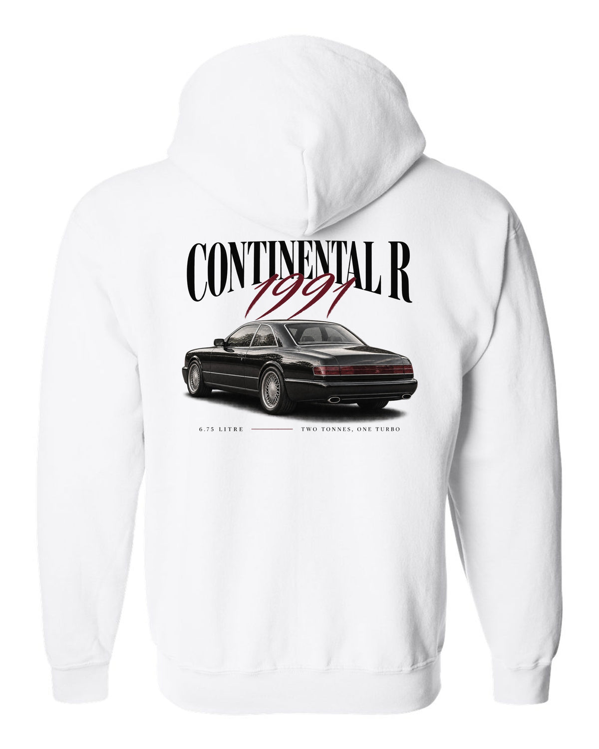 Bentley Continental R editorial headline print white zip hoodie back view with the design