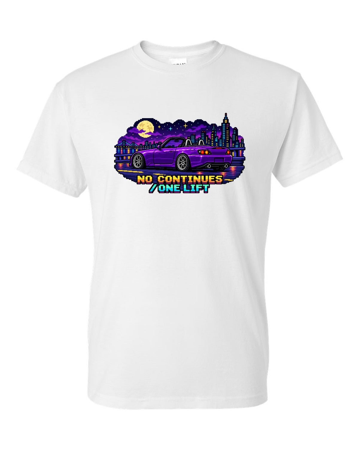 16-bit pixel art Honda S2000 AP2 roadster print with no continues one lift text white t-shirt front view with the design
