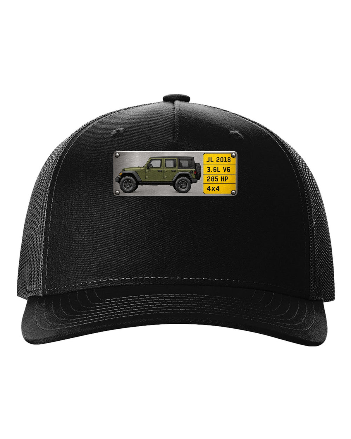 Jeep Wrangler JL Unlimited 3.6L V6 285 HP Spec Plate Tee black hat front view with the design