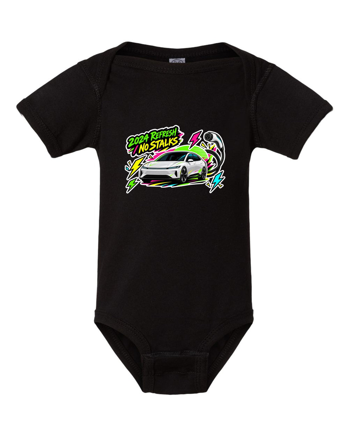 Sticker bomb collage print of a Tesla Model 3 Highland with the text 2024 Refresh No Stalks black baby onesie front view with the design