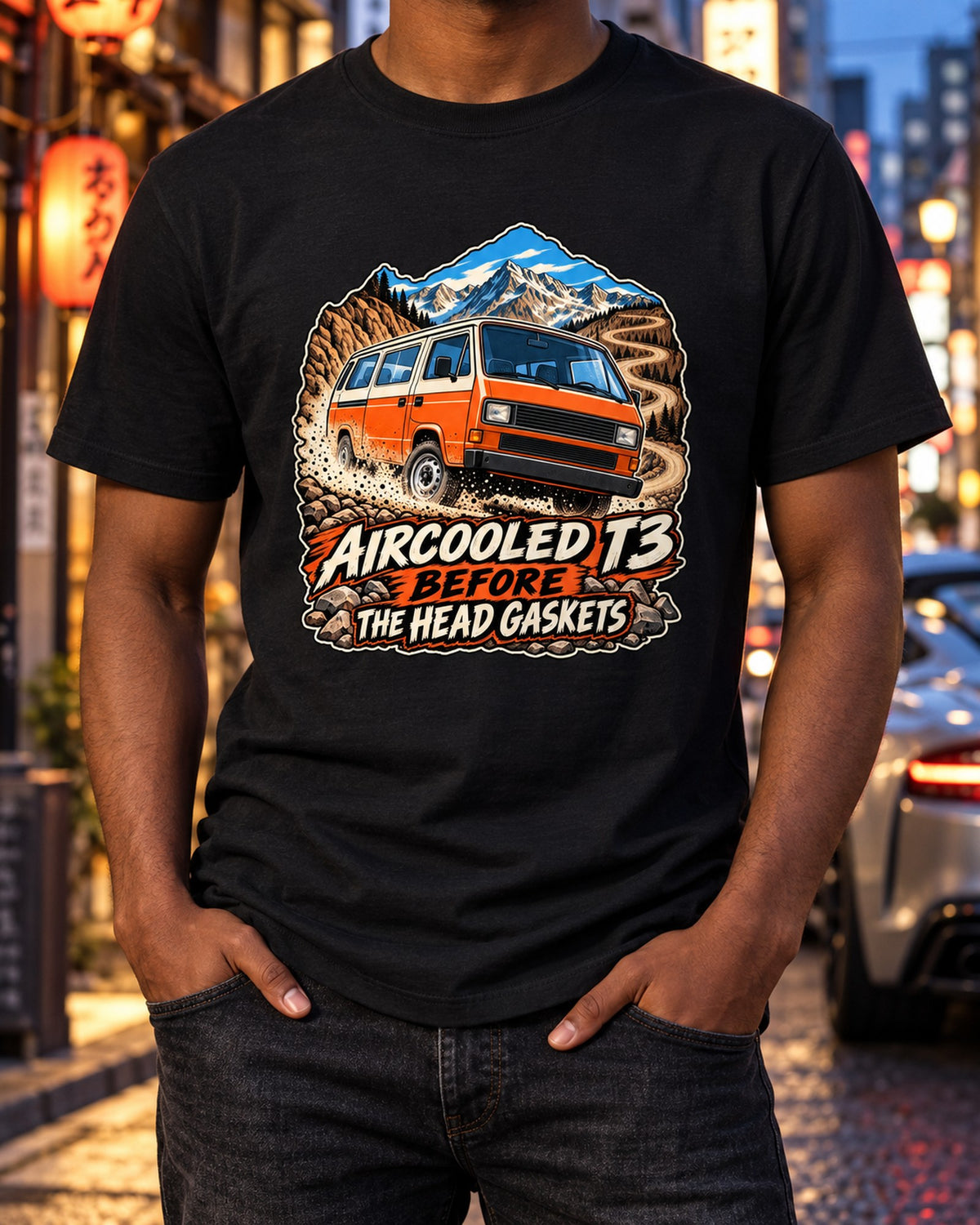 VW Vanagon T3 Dusty Pass Race Poster Shirt, Aircooled Joke T-Shirt Black worn hero