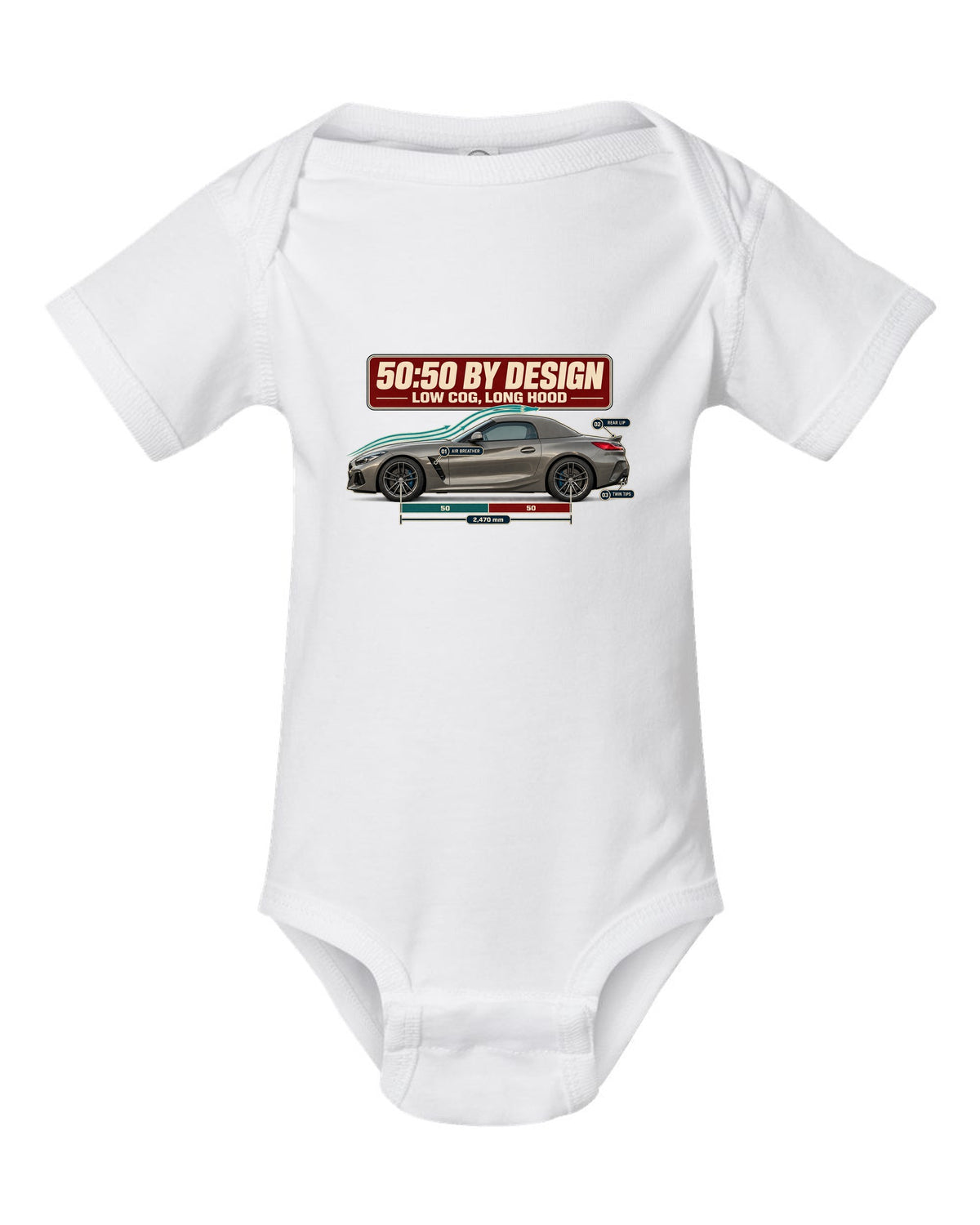 Aero cutaway callout print of the BMW Z4 G29 with 50:50 and long hood notes white baby onesie front view with the design
