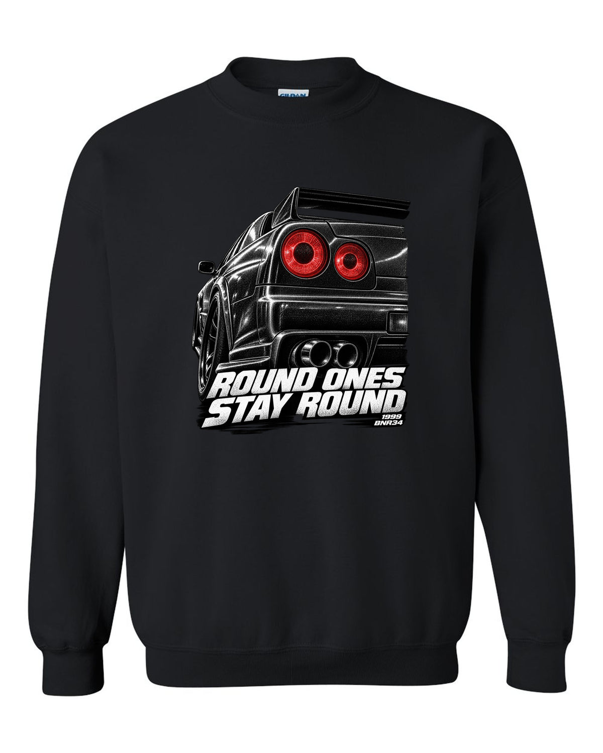 Macro print of the round taillights on a Nissan Skyline GT-R R34 BNR34 black crewneck front view with the design