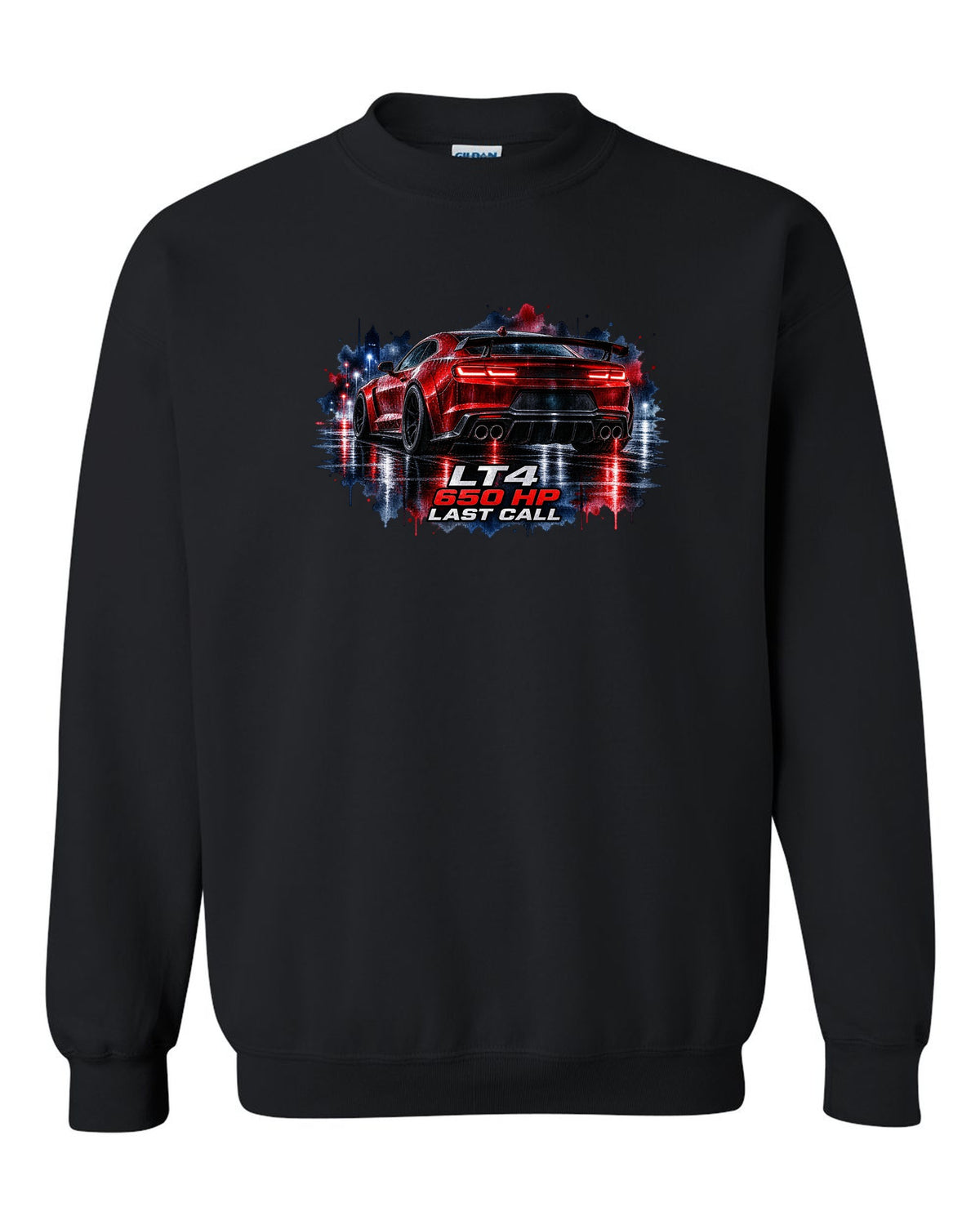 2023 Camaro ZL1 on a wet night road in watercolour style with LT4 650 HP Last Call text black crewneck front view with the design