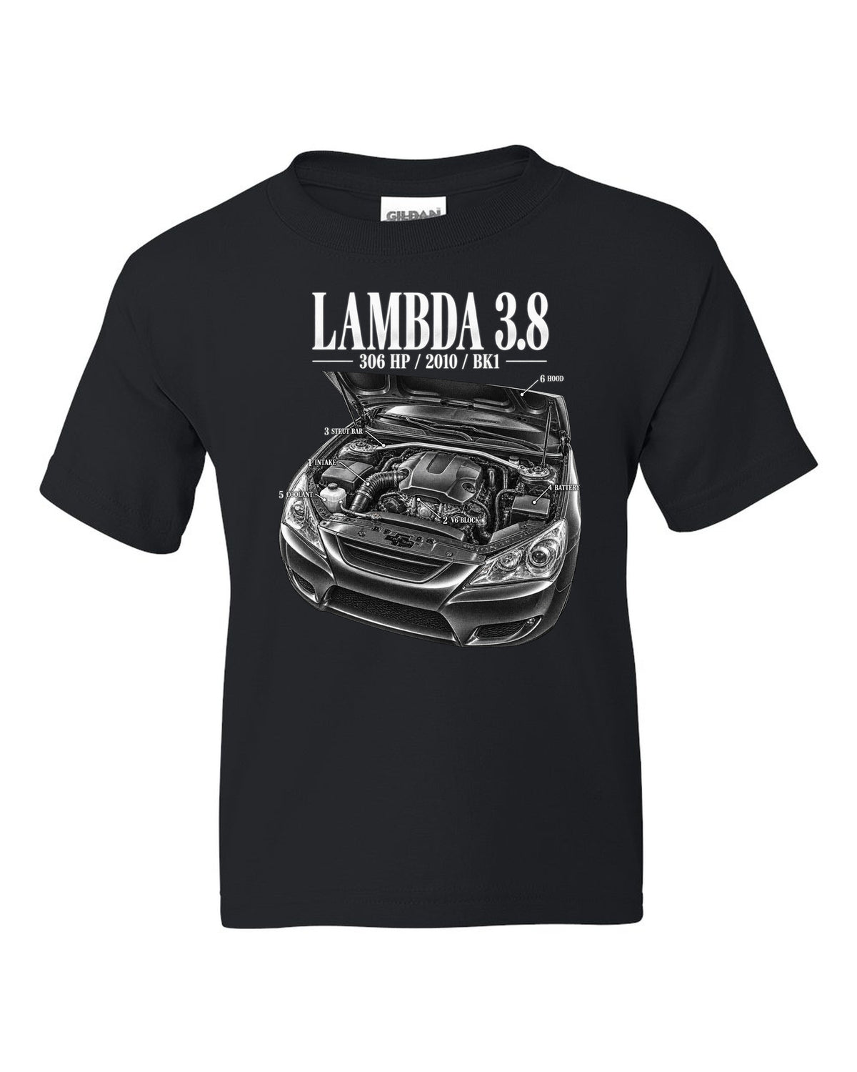 Hyundai Genesis Coupe 3.8 BK1 engine bay with numbered callouts black kids tee front view with the design