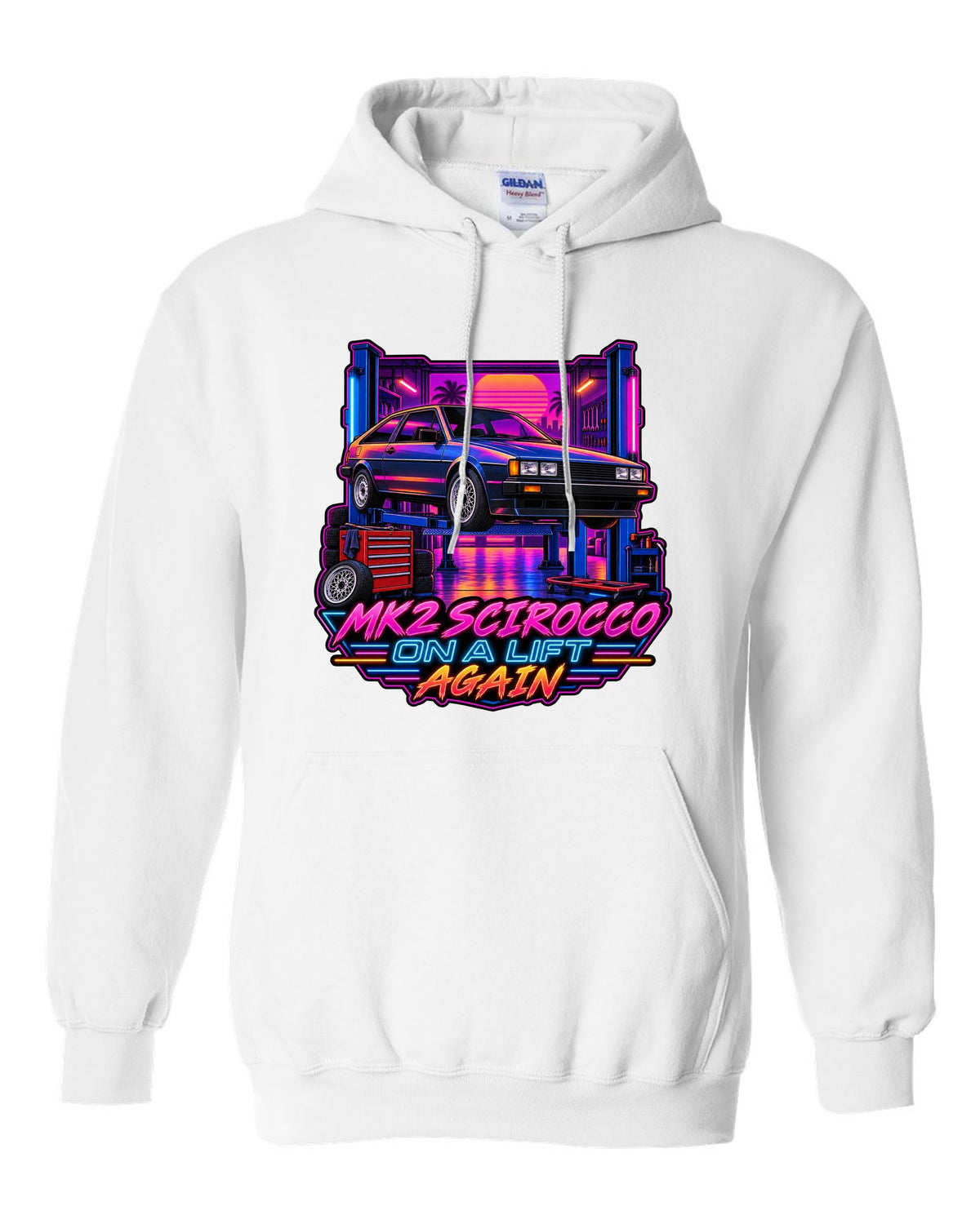 Synthwave outrun style VW Scirocco Mk2 with Mk2 Scirocco on a lift again text white pull over hoodie front view with the design