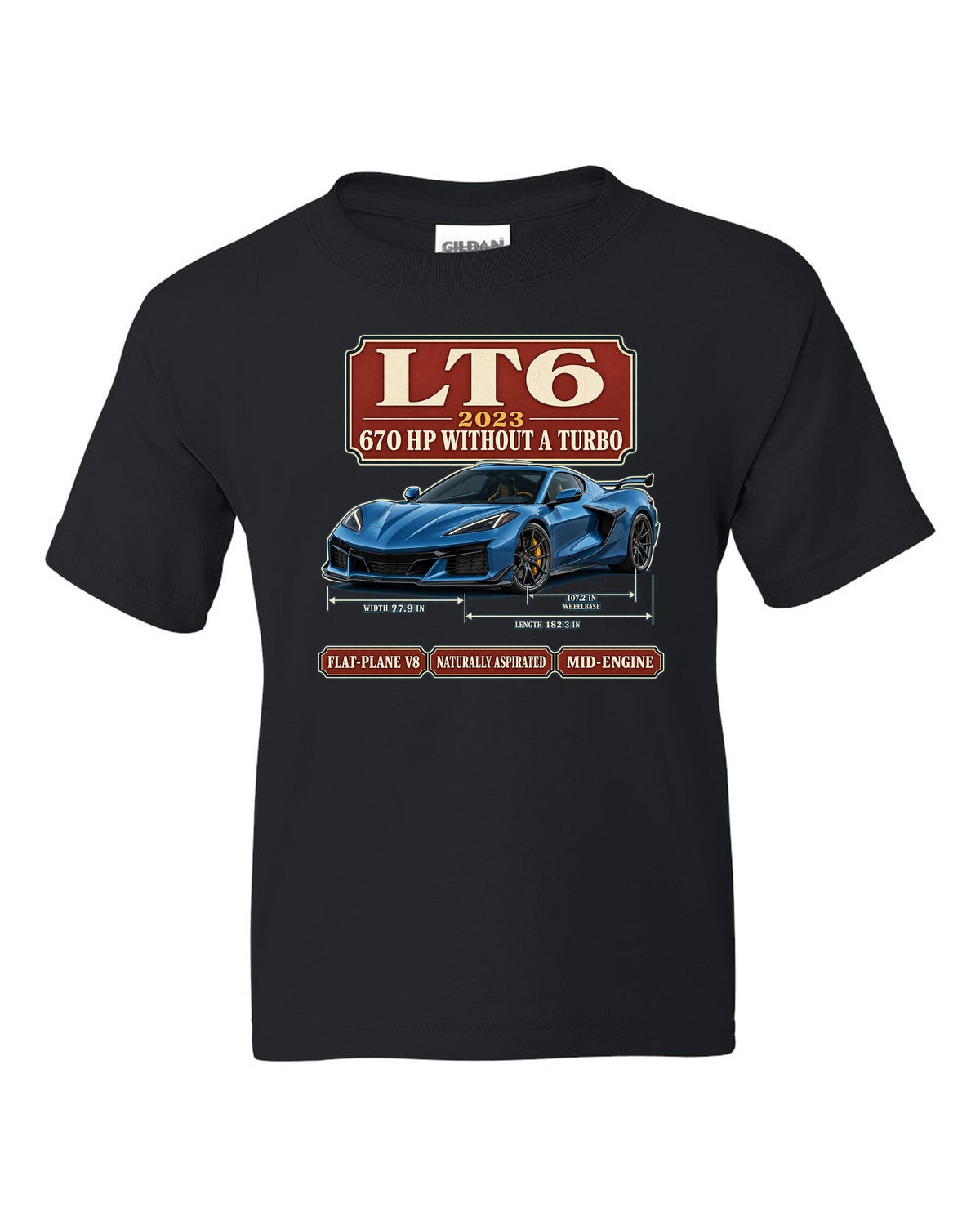 print of a Chevrolet Corvette C8 Z06 in an archive panel layout with LT6 and 670 HP text black kids tee front view with the design