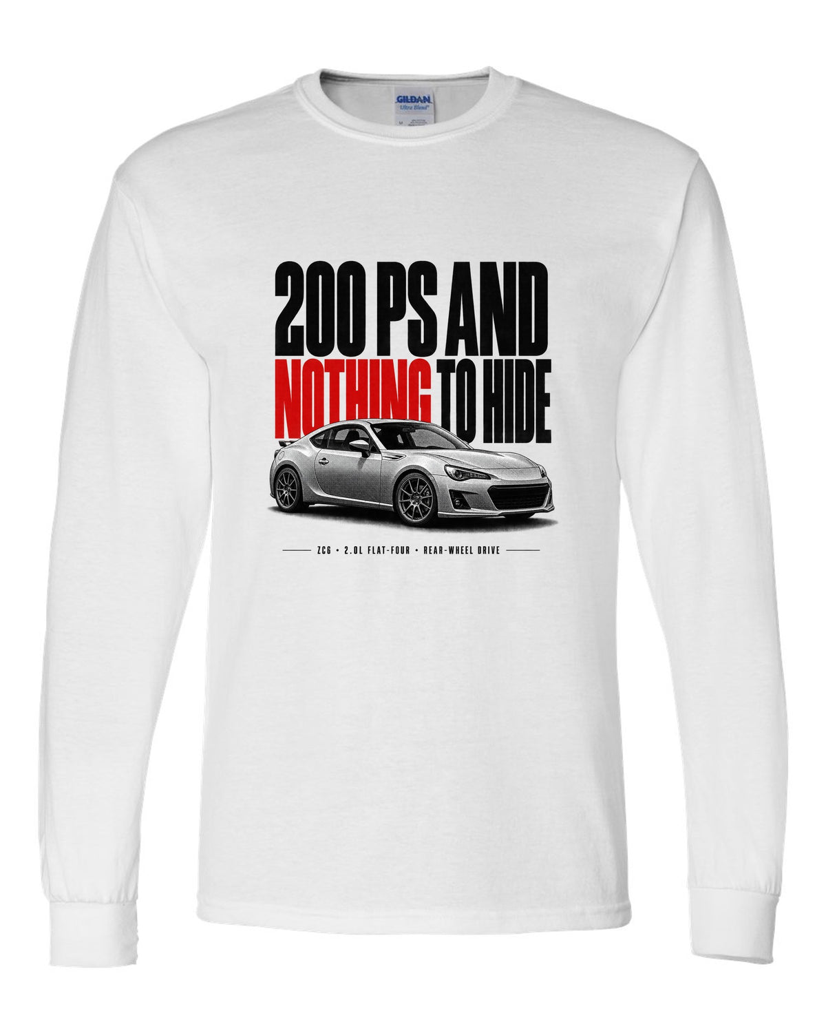 Halftone print for the Subaru BRZ ZC6 tS reading 200 PS and nothing to hide, 2.0L flat-four, rear-wheel drive white long sleeve front view with the design