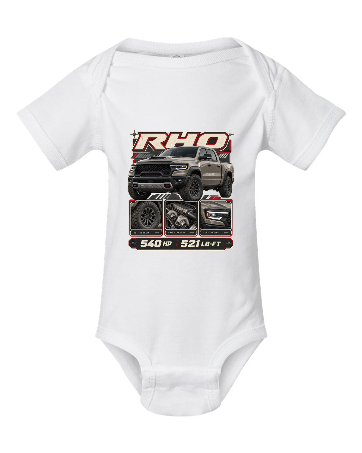 Ram 1500 RHO 2025 dossier panels with horsepower and torque print white baby onesie front view with the design