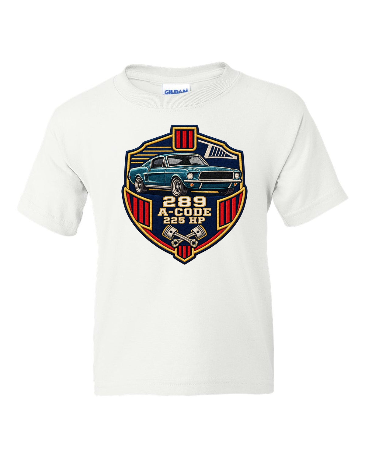 Embroidery-style varsity crest print for a 1967 Ford Mustang fastback A-Code 289 white kids tee front view with the design