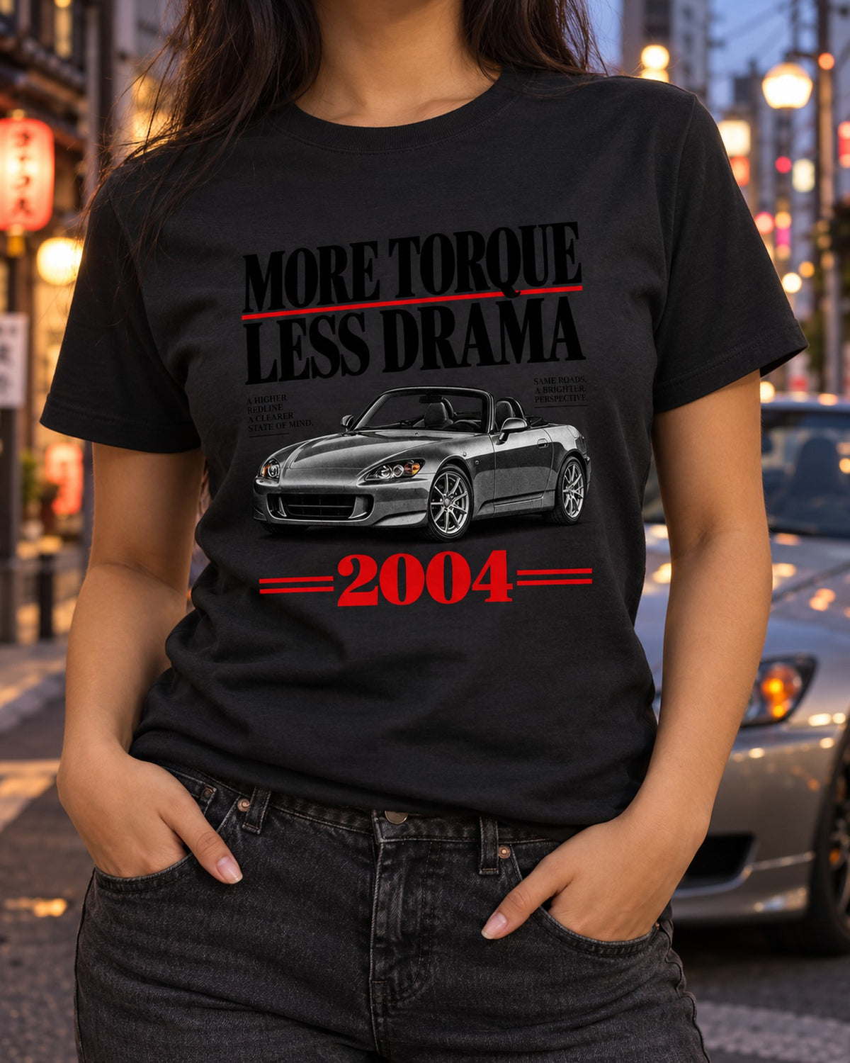 Honda S2000 AP2 More Torque Less Drama Editorial Headline Tee T-Shirt Black worn hero