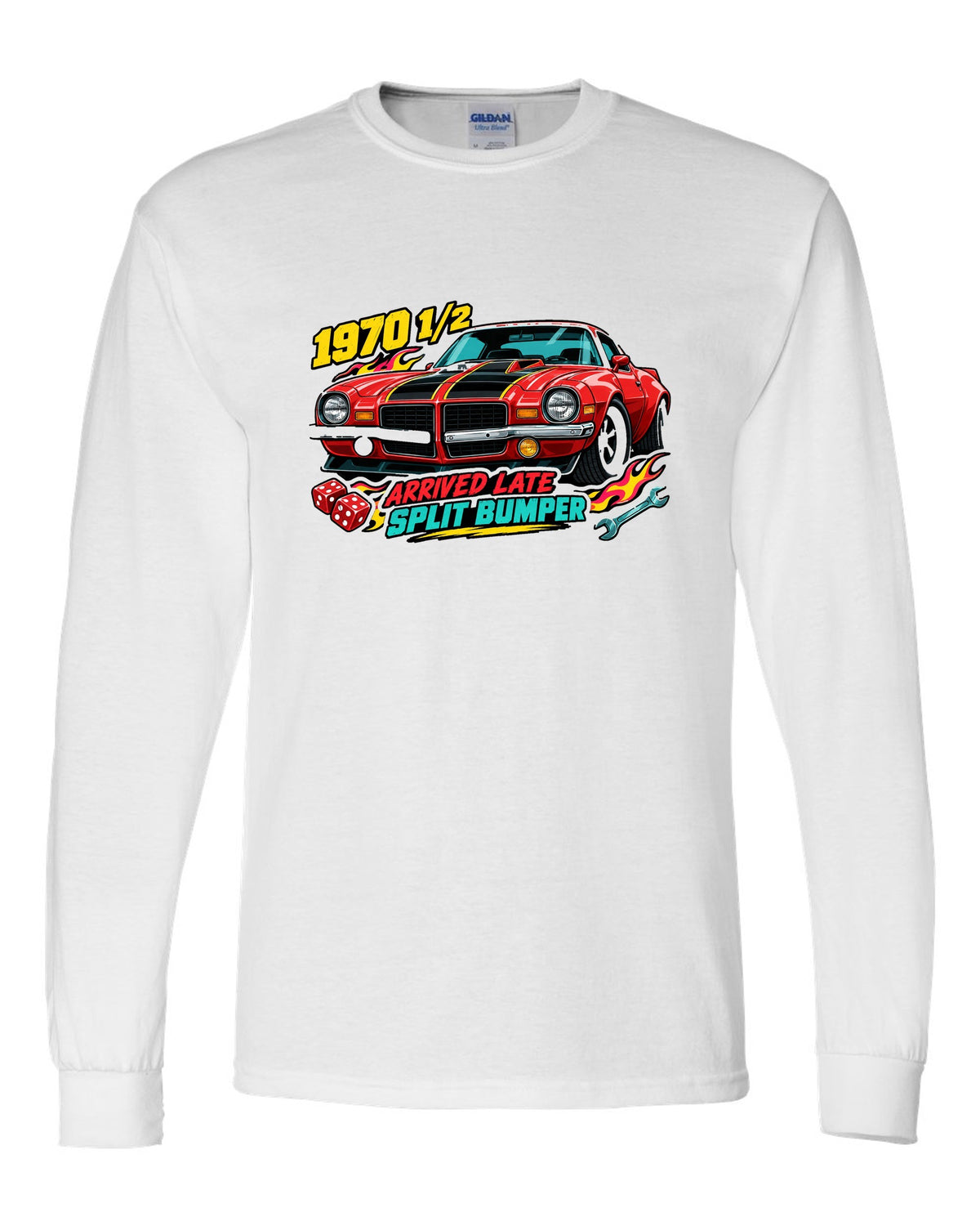 1970 Chevrolet Camaro Z28 split bumper sticker-bomb collage print reading 1970 1/2 Arrived Late white long sleeve front view with the design