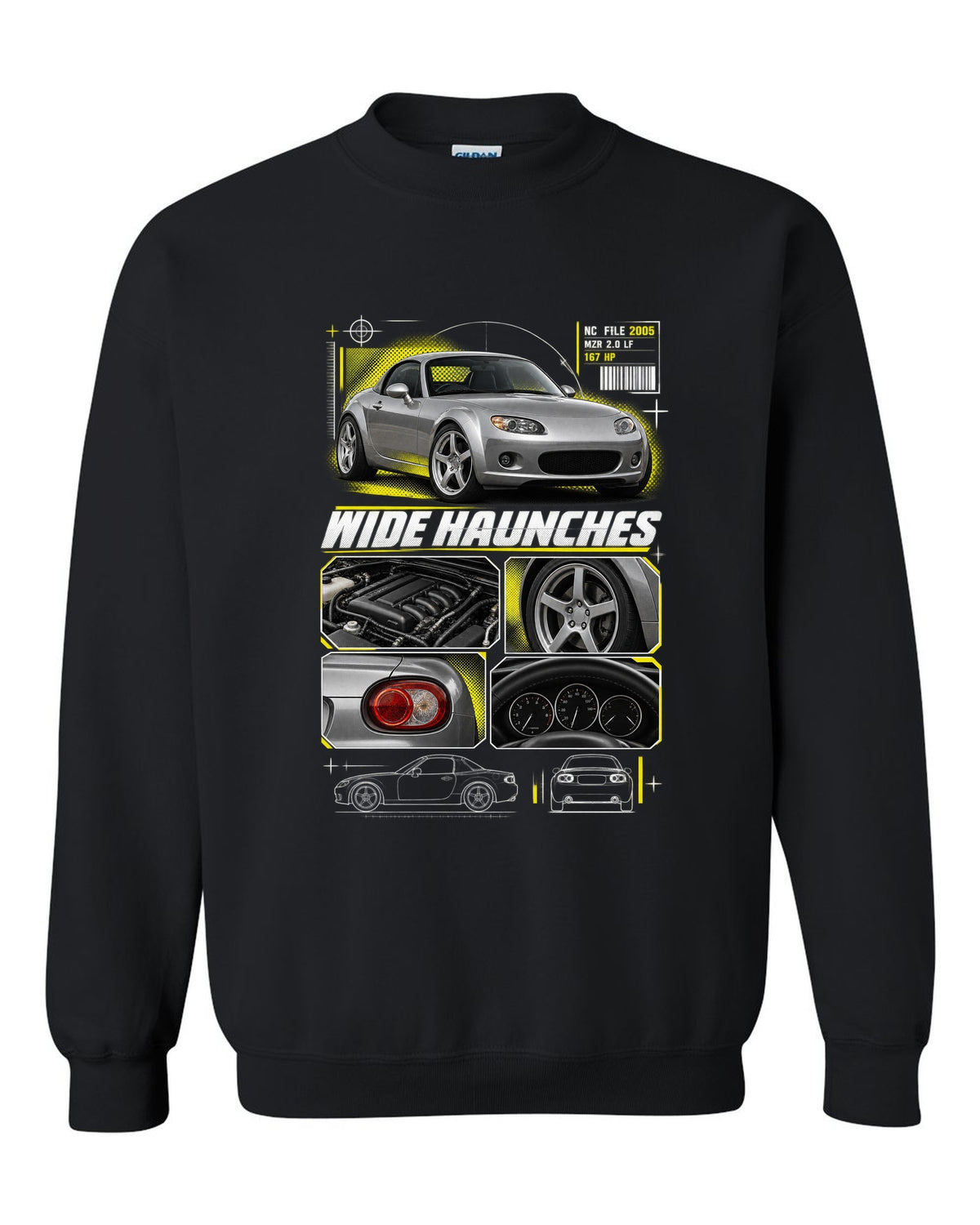 Dossier panels print for the Mazda MX-5 NC PRHT 2005-15 with MZR 2.0 LF and wide haunches black crewneck front view with the design
