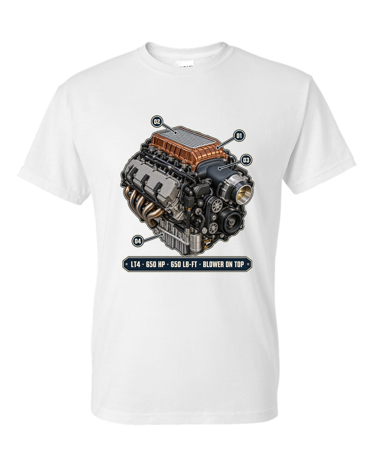 Camaro ZL1 LT4 supercharged engine bay poster print white t-shirt front view with the design