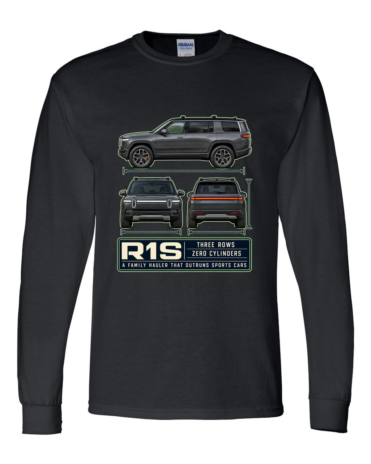 Three-view drawing with spec table print of the Rivian R1S seven-seat electric SUV black long sleeve front view with the design
