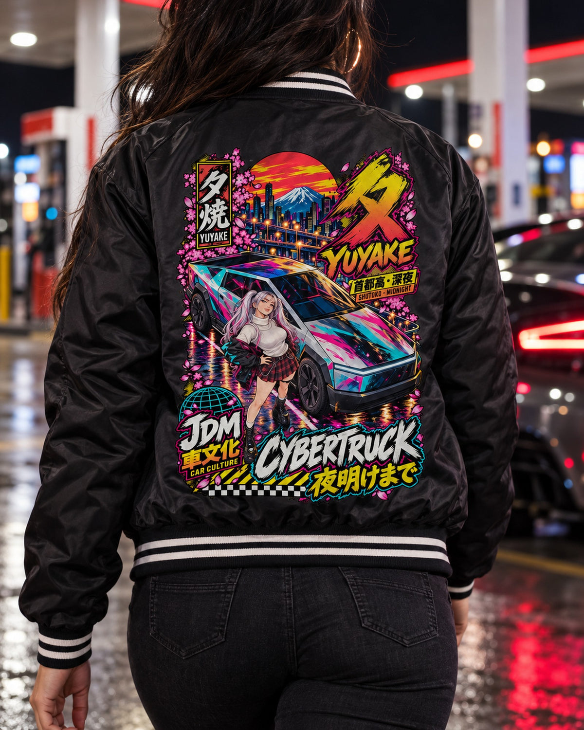 YUYAKE CYBERTRUCK Anime Girl Full-Back Graphic Tee Bomber Jacket Black worn hero