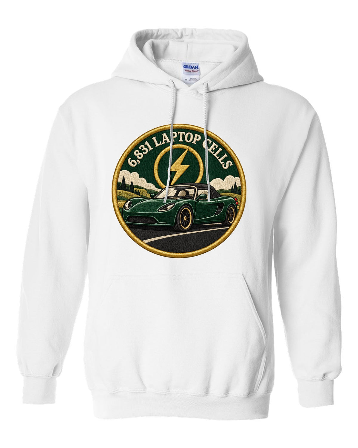Round crest print of a Tesla Roadster Gen 1 reading 6,831 Laptop Cells white pull over hoodie front view with the design