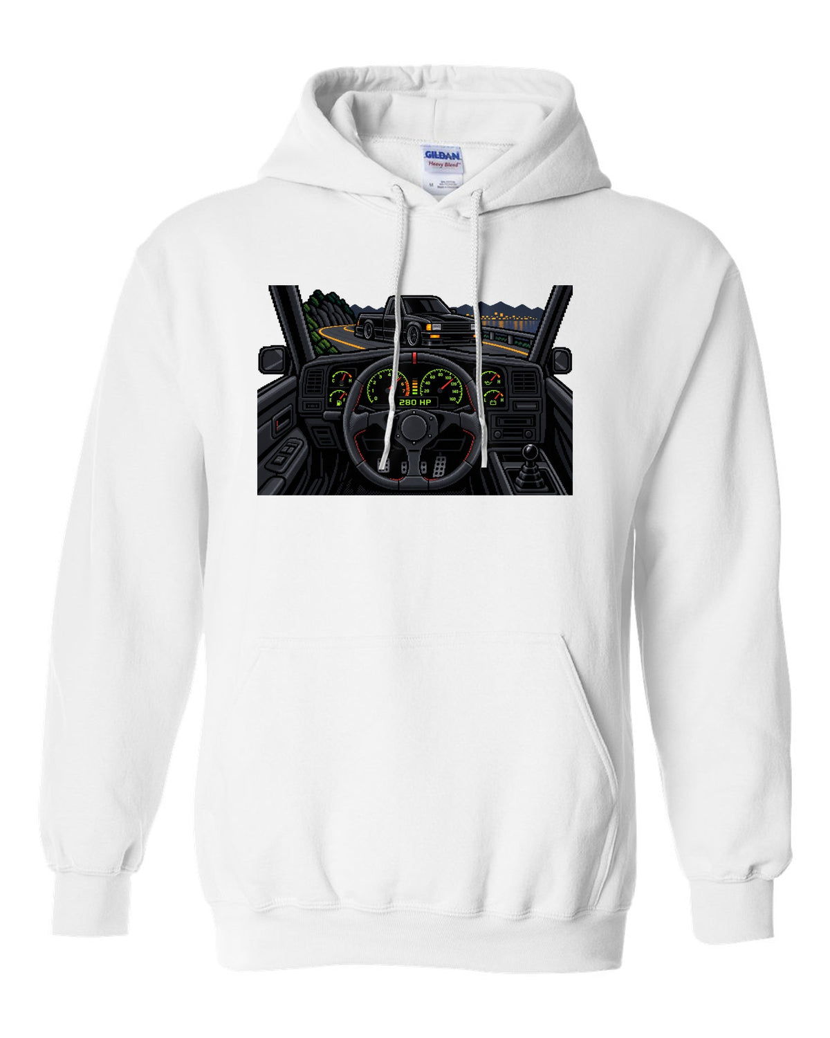 8/16-bit pixel art gauge print of a 1991 GMC Syclone with 280 HP text white pull over hoodie front view with the design