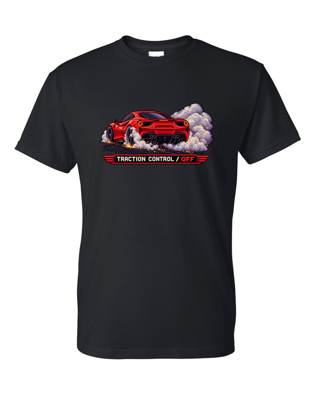 Pixel art Ferrari 488 GTB burnout with traction control off text black t-shirt front view with the design