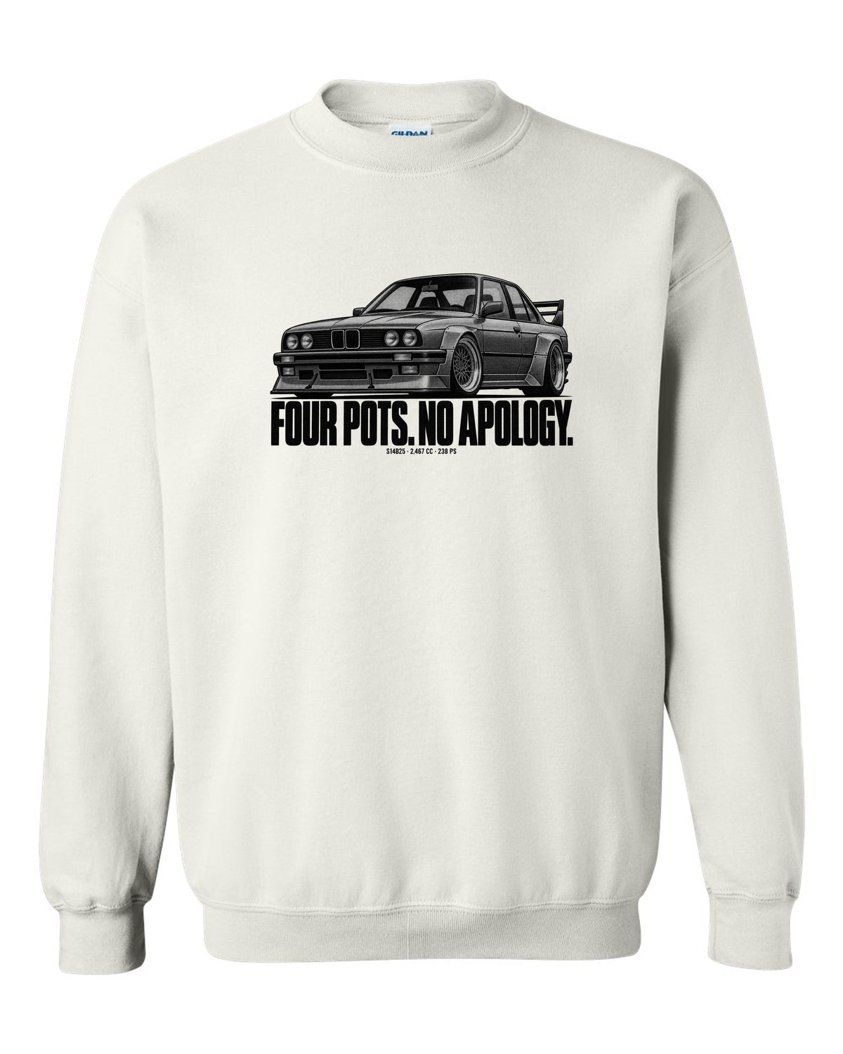 BMW E30 M3 Sport Evo halftone print with S14B25 2,467 cc and 238 PS text white crewneck front view with the design