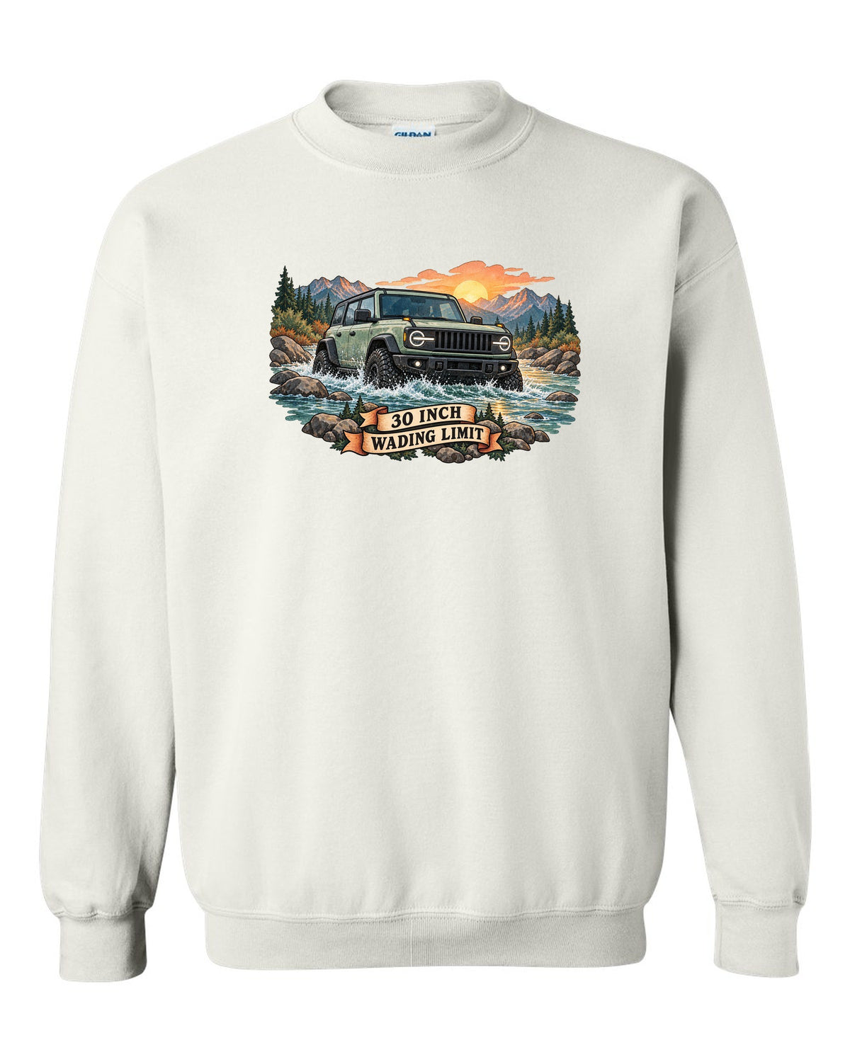 Jeep Wrangler JLU watercolour river crossing at sunrise with 30 inch wading limit text white crewneck front view with the design