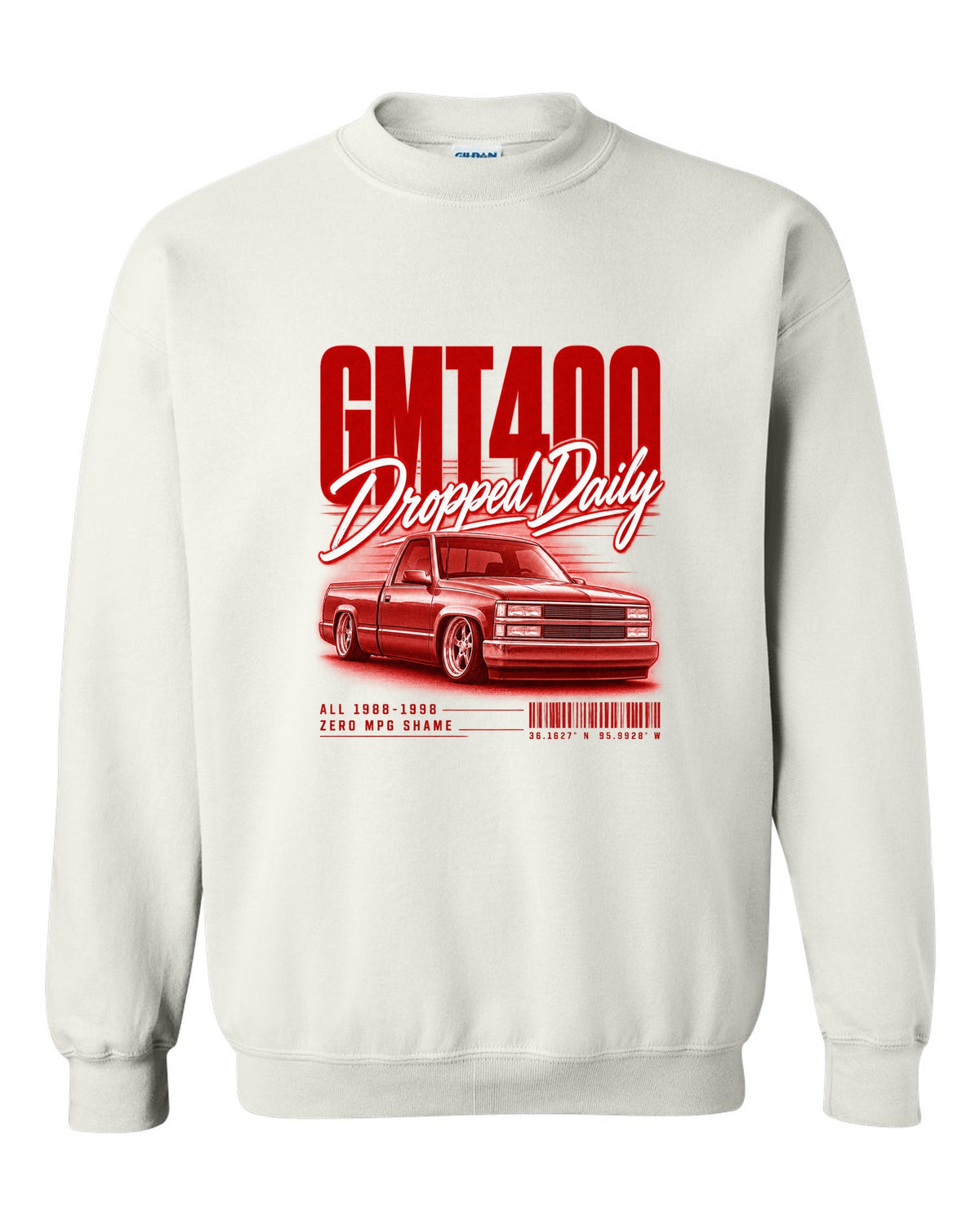 GMT400 OBS regular cab street poster print white crewneck front view with the design