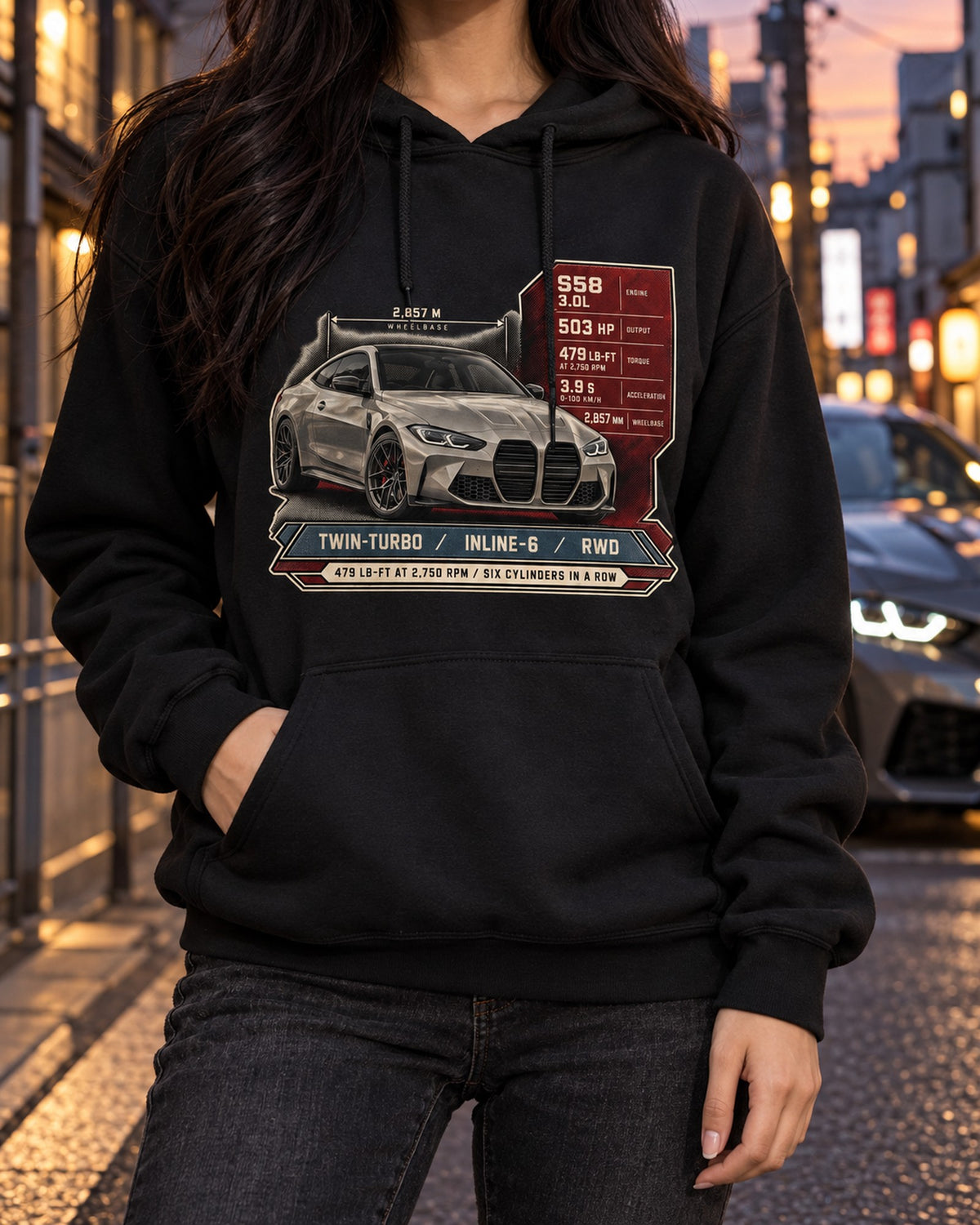 BMW M4 Competition G82 Spec Poster Shirt, Inline-Six Torque Tee Pull Over Hoodie Black worn hero
