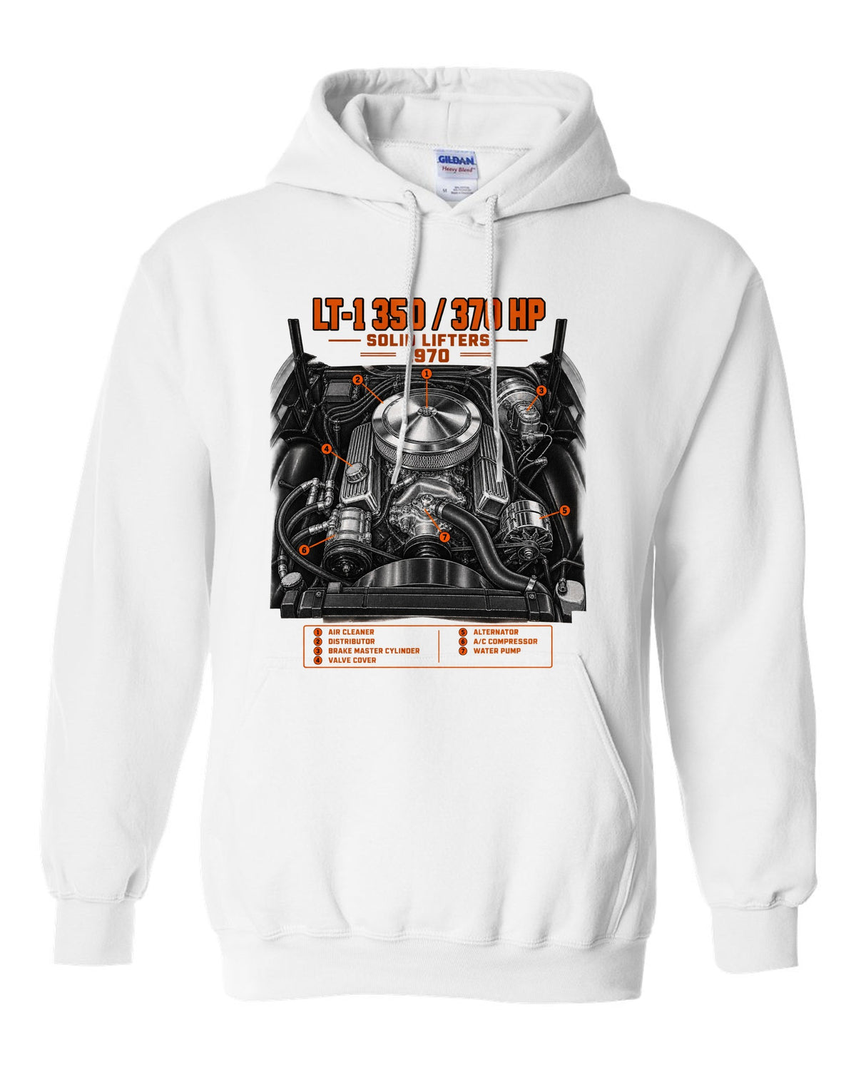 Chevrolet Corvette C3 Stingray 1970 LT-1 350 engine print white pull over hoodie front view with the design