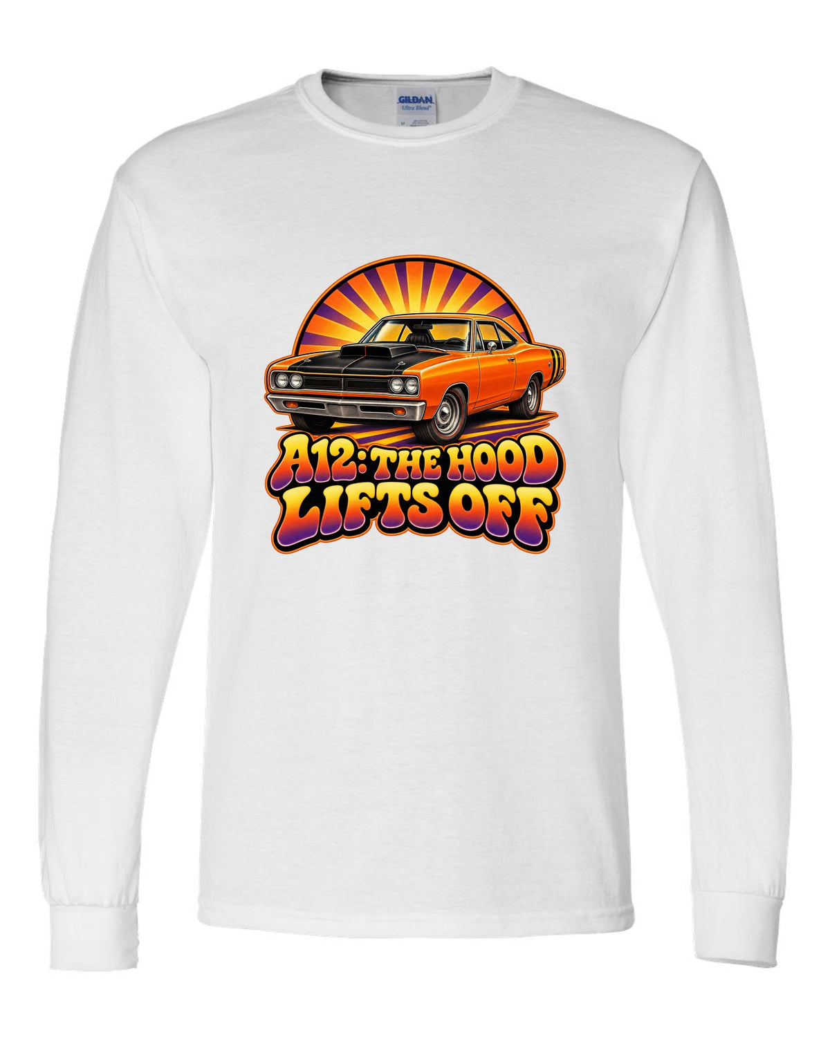 Retro 70s airbrush sunburst design with a 1969 Dodge Coronet Super Bee A12 and lift-off hood text white long sleeve front view with the design