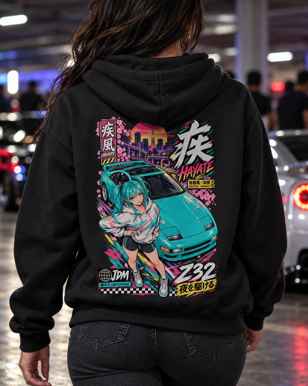 HAYATE Z32 Anime Girl Full-Back Graphic Tee Pull Over Hoodie Black worn hero