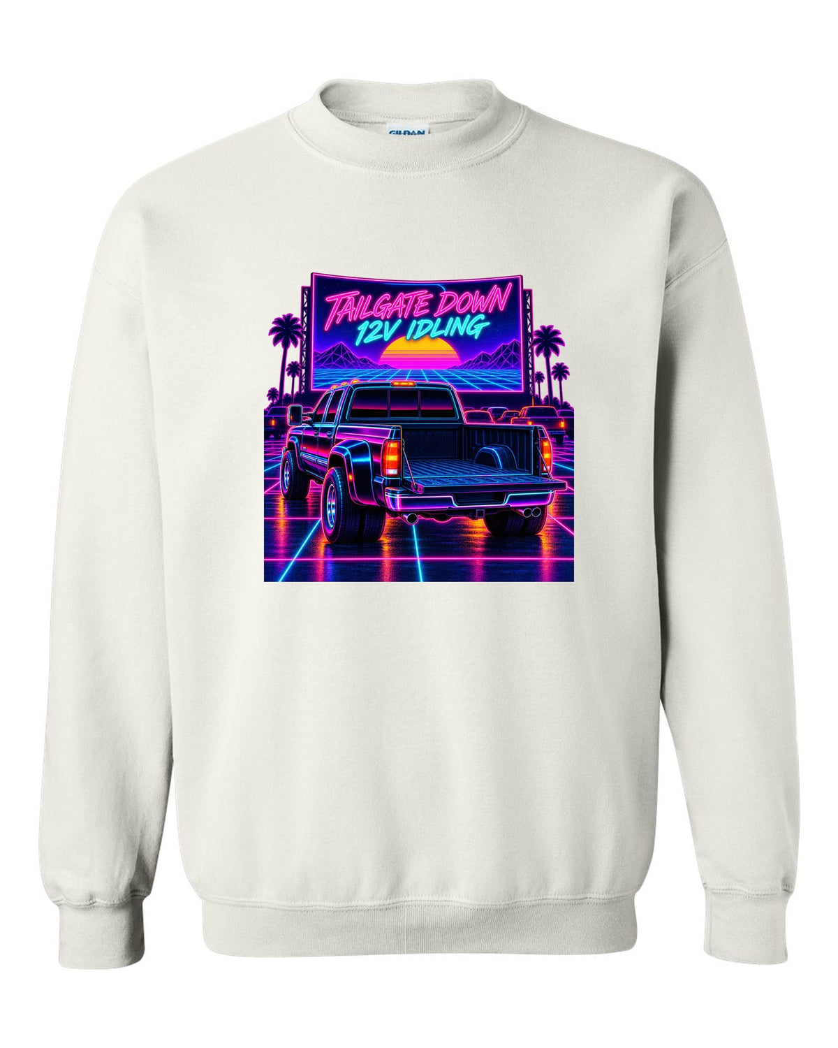 Neon synthwave drive-in print of a 1994-1998 Dodge Ram 2500 12V Cummins with tailgate down white crewneck front view with the design